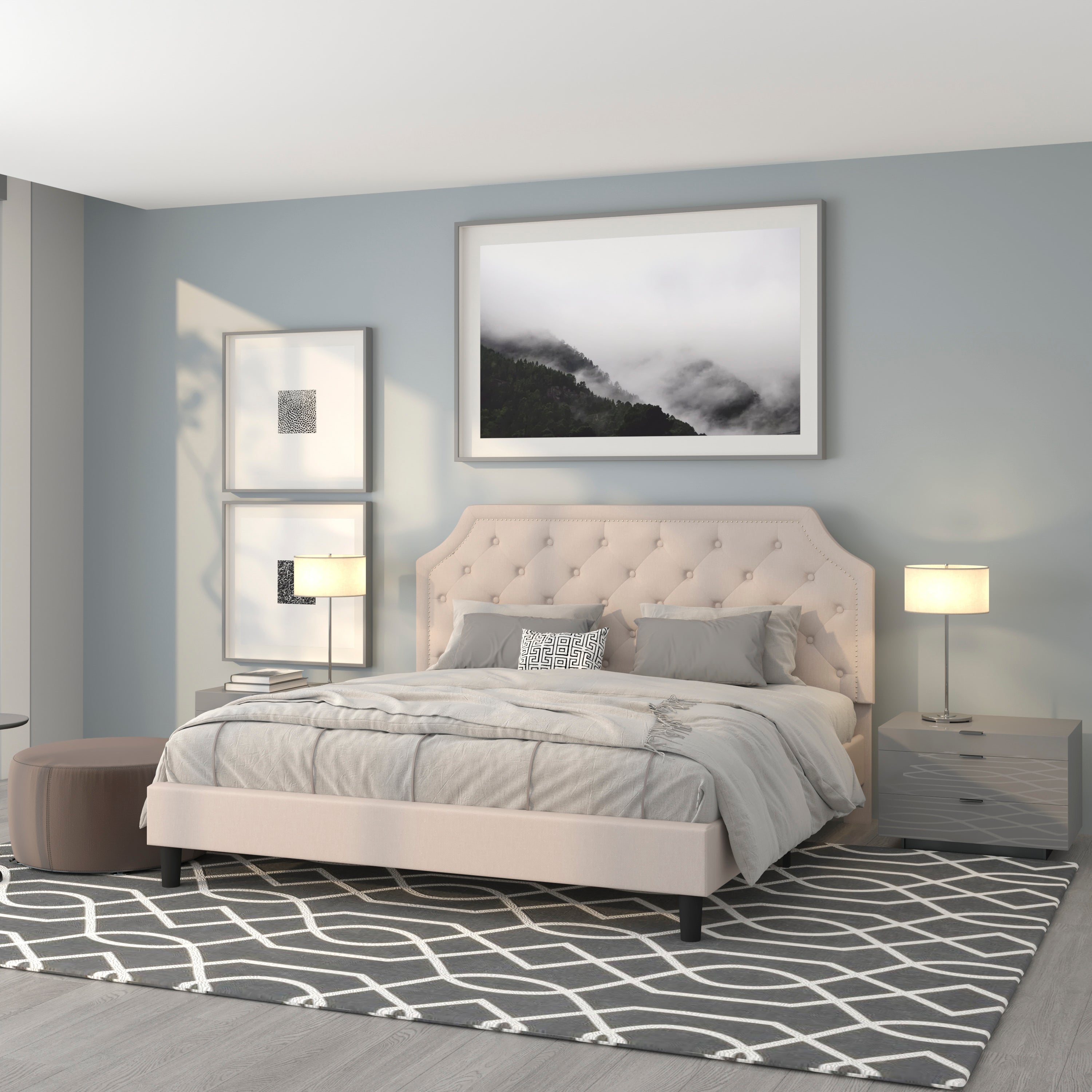Brighton King Size Tufted Upholstered Platform Bed in Beige Fabric