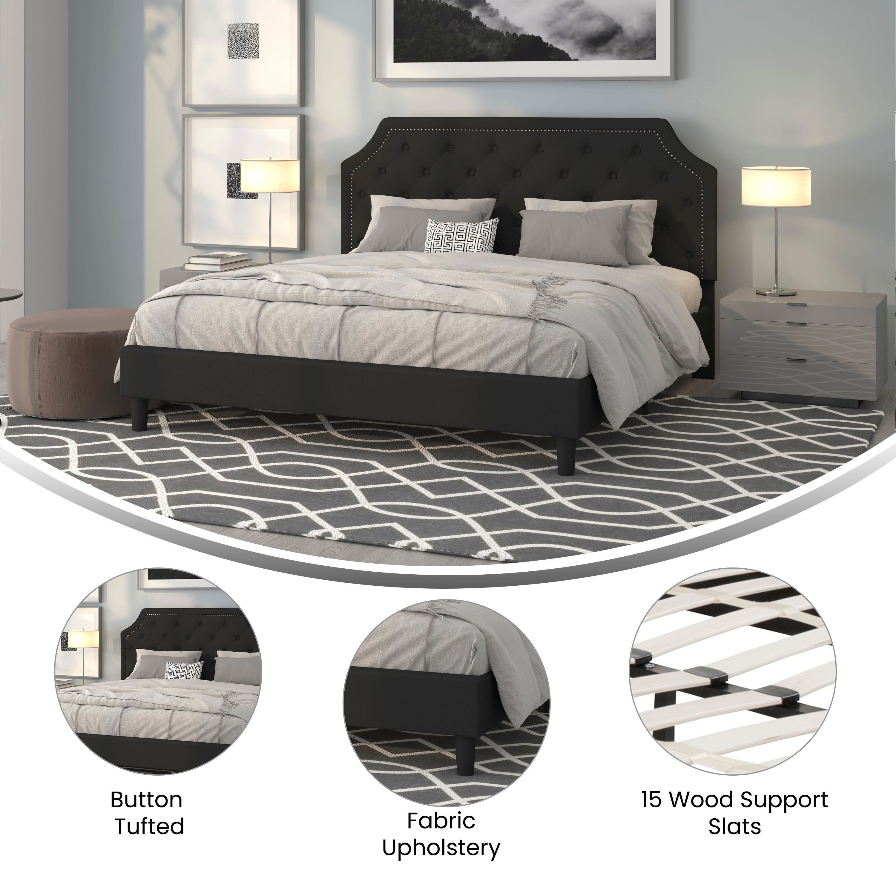 Brighton King Size Tufted Upholstered Platform Bed in Black Fabric