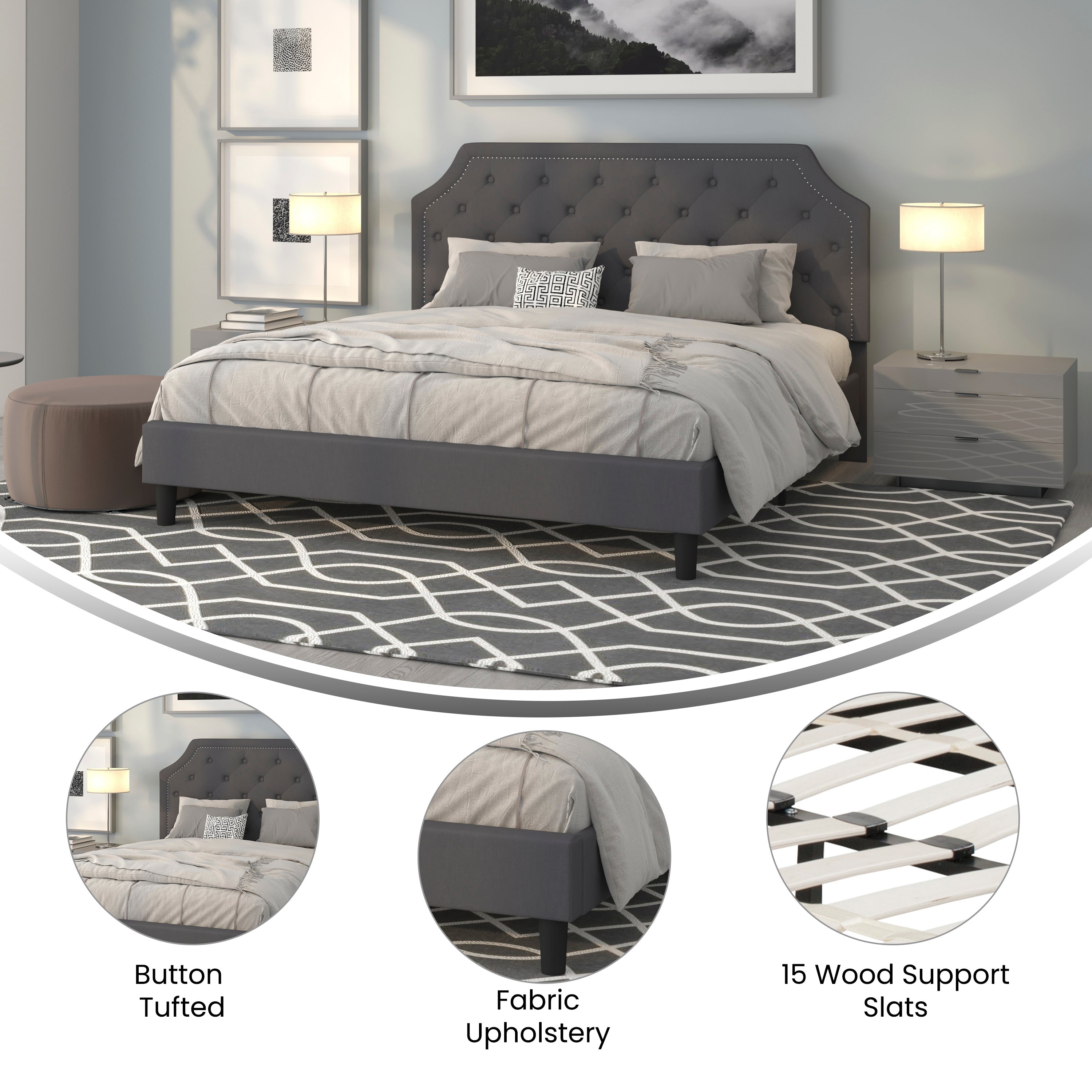 Brighton King Size Tufted Upholstered Platform Bed in Dark Gray Fabric