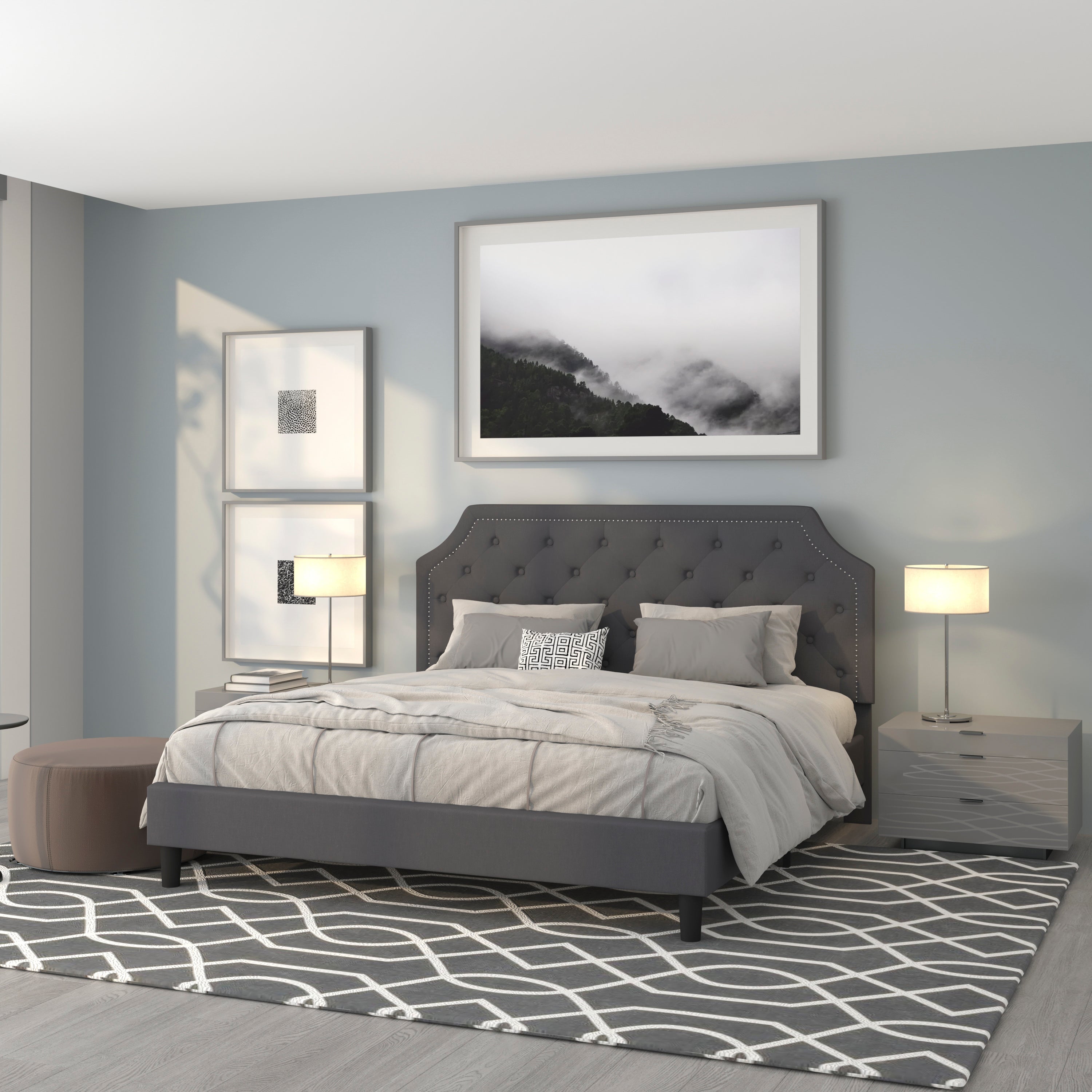 Brighton King Size Tufted Upholstered Platform Bed in Dark Gray Fabric