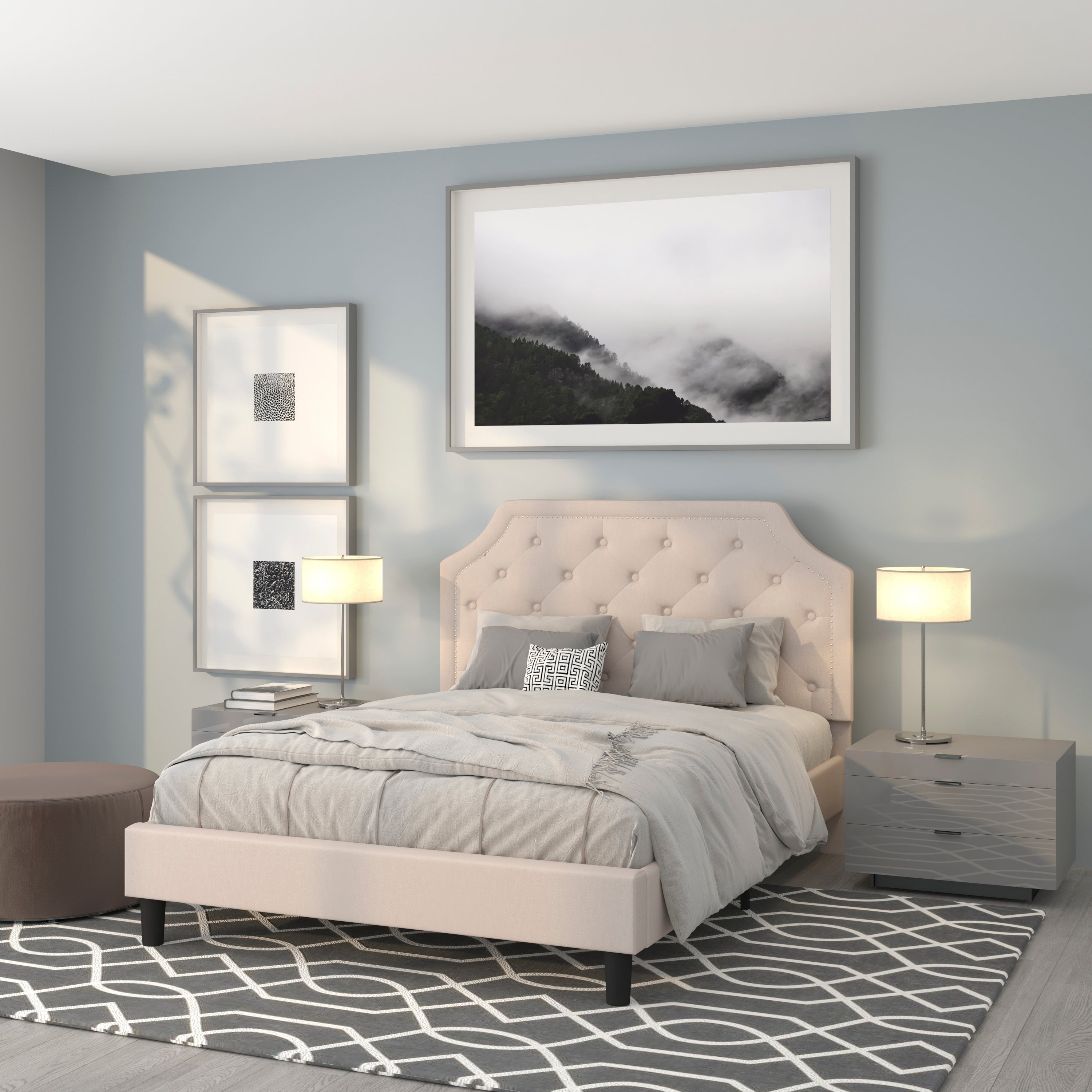 Brighton Queen Size Tufted Upholstered Platform Bed in Beige Fabric