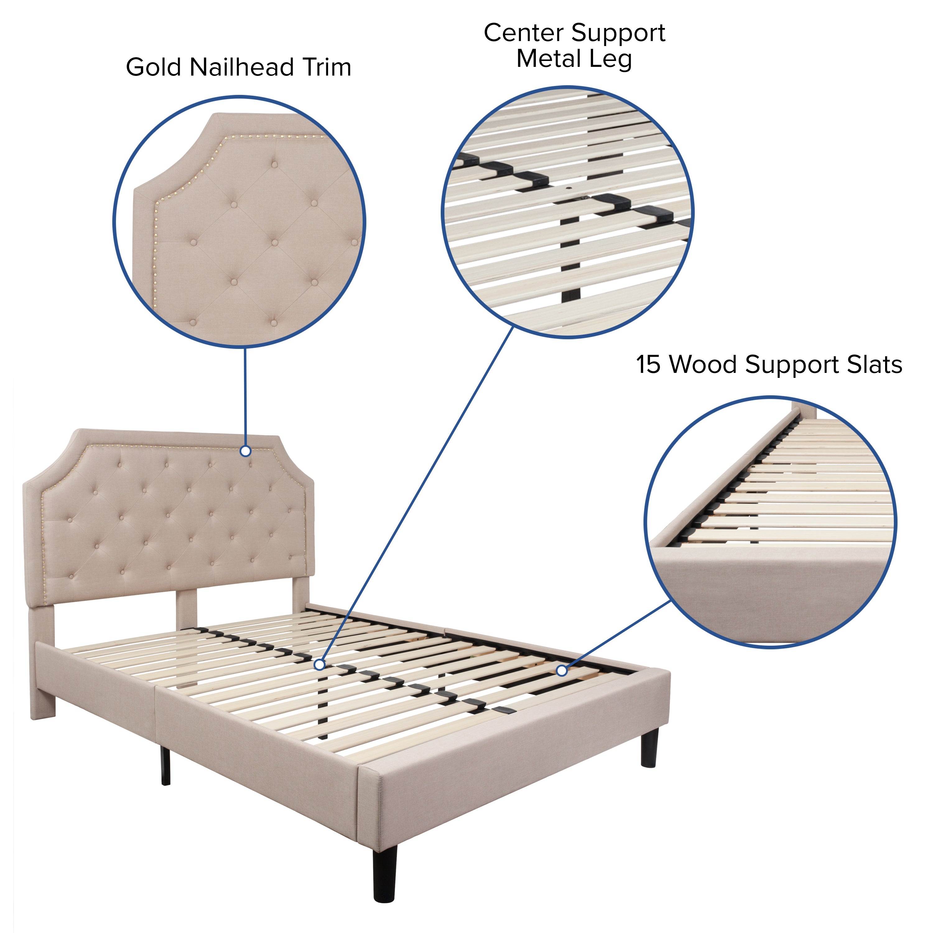 Brighton Queen Size Tufted Upholstered Platform Bed in Beige Fabric