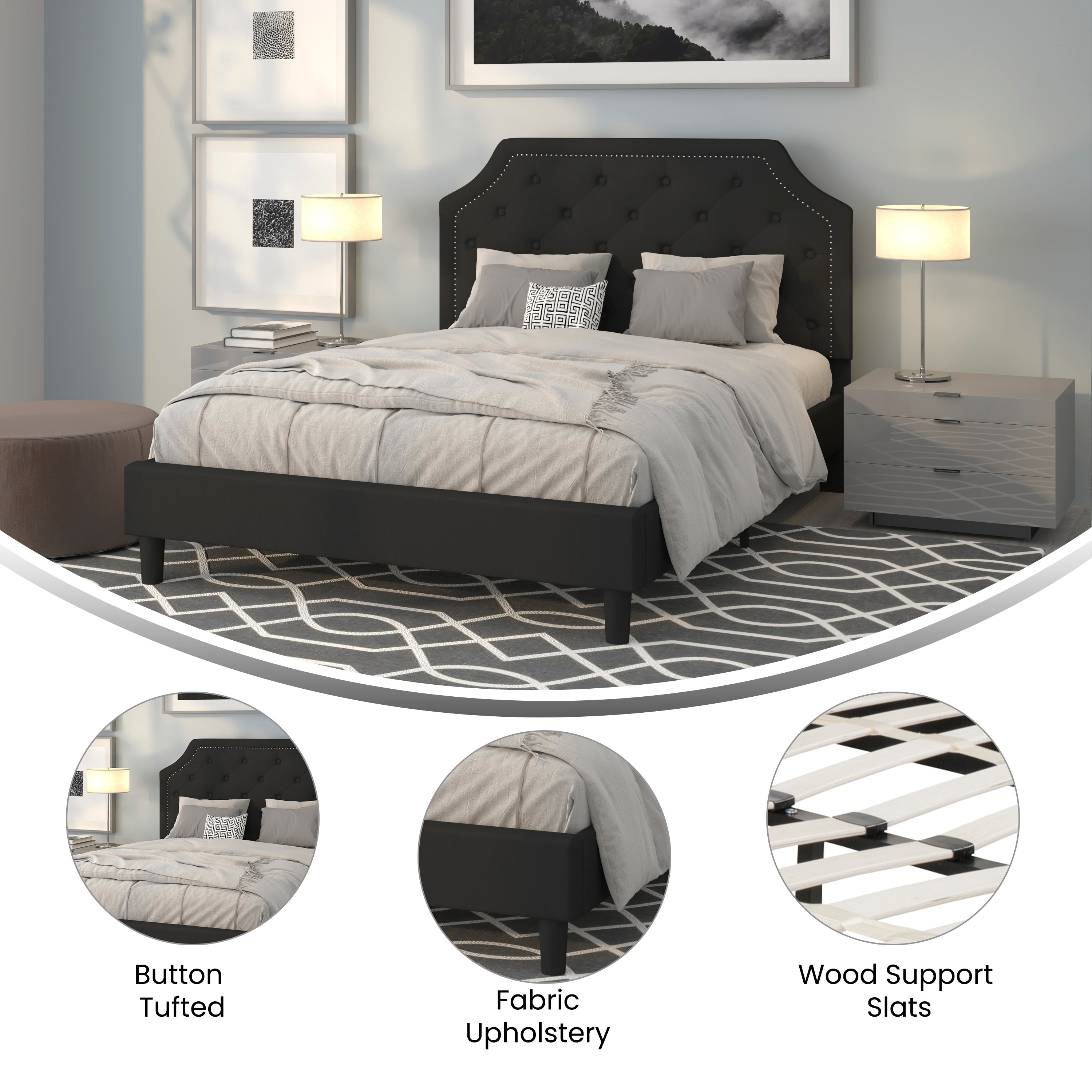 Brighton Queen Size Tufted Upholstered Platform Bed in Black Fabric
