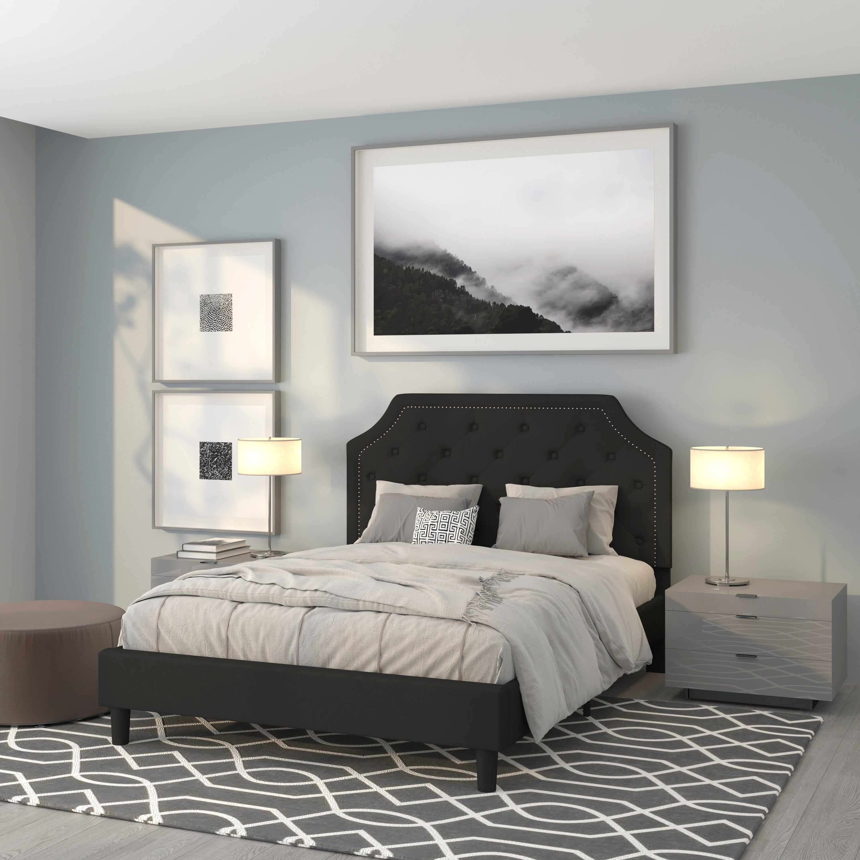 Brighton Queen Size Tufted Upholstered Platform Bed in Black Fabric