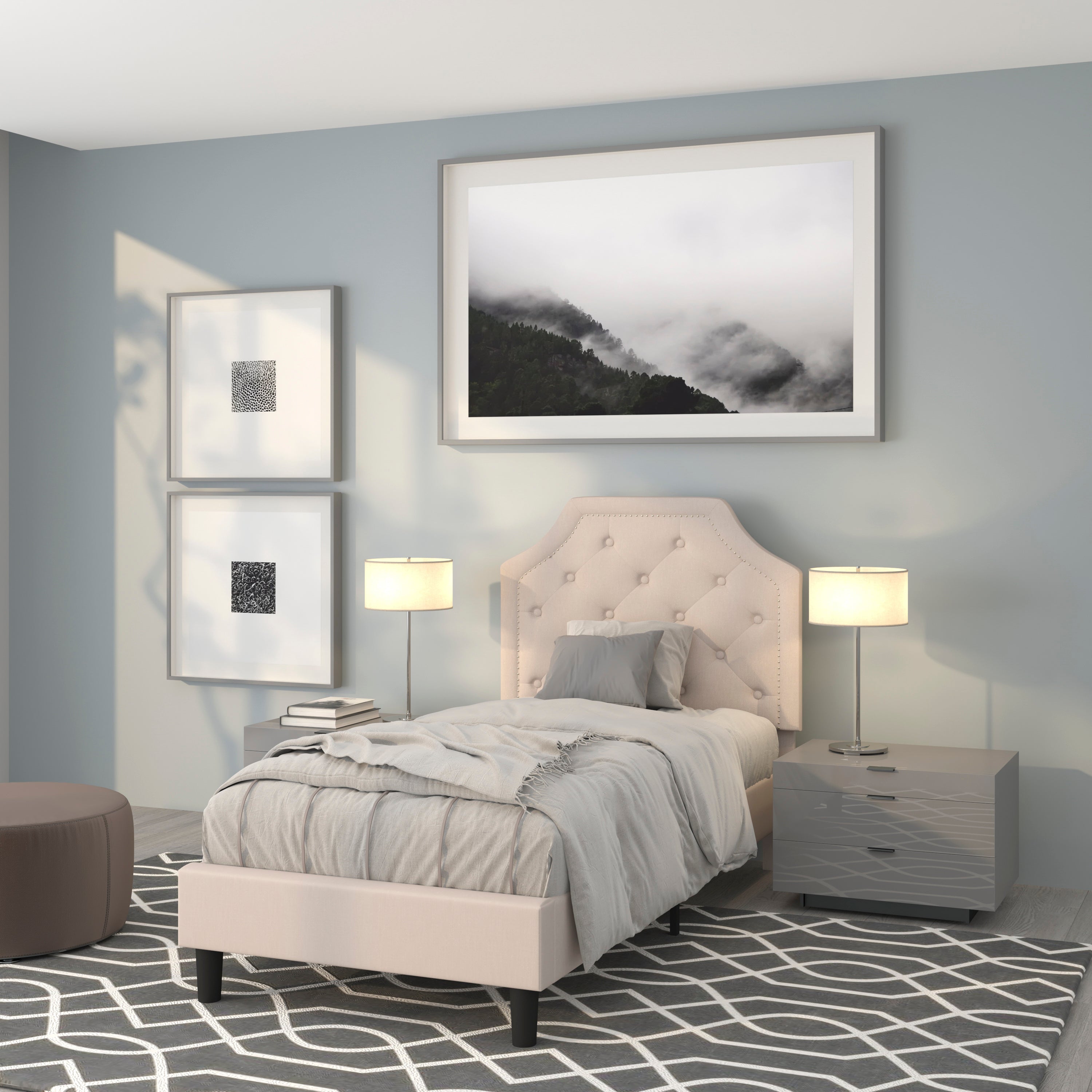Brighton Twin Size Tufted Upholstered Platform Bed in Beige Fabric