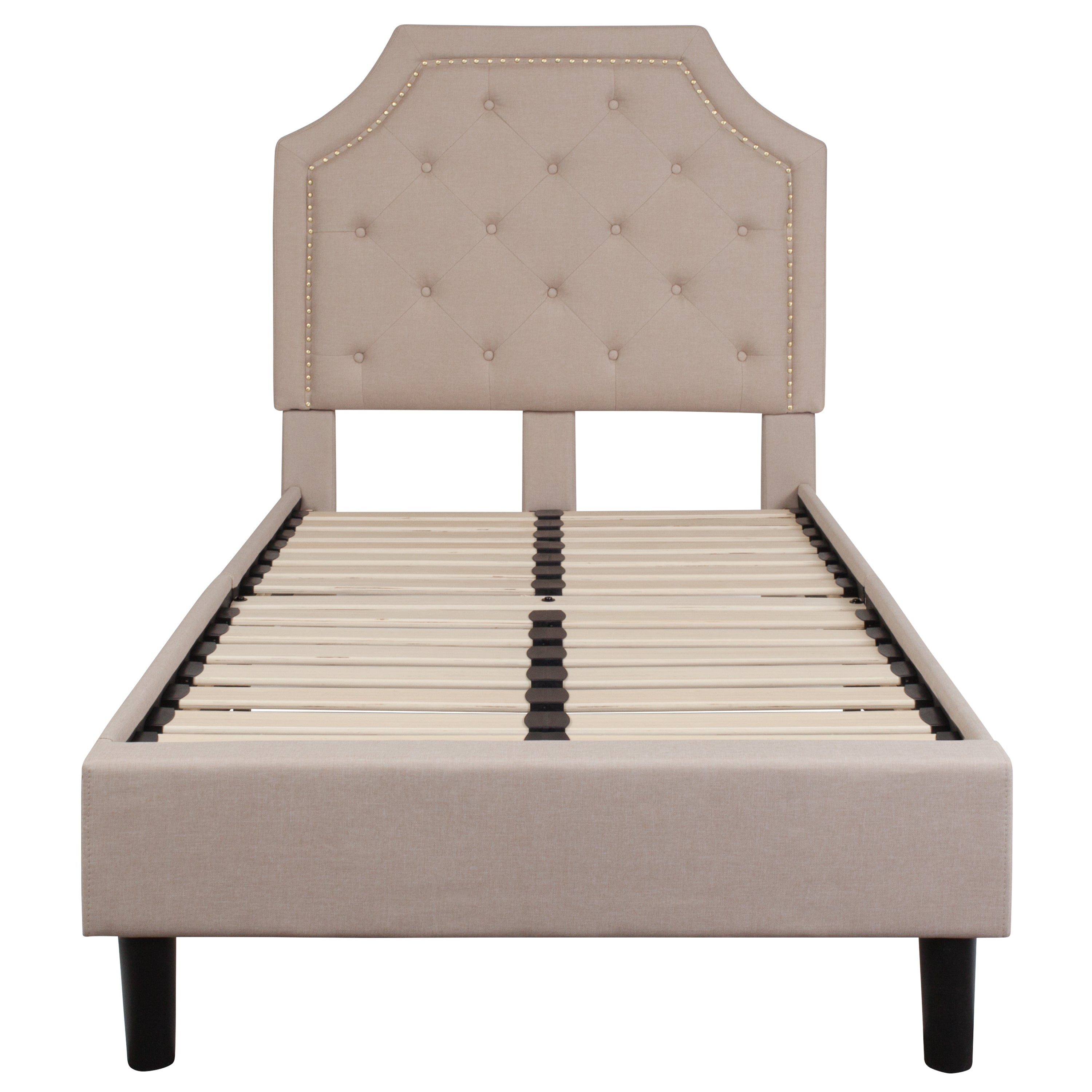 Brighton Twin Size Tufted Upholstered Platform Bed in Beige Fabric