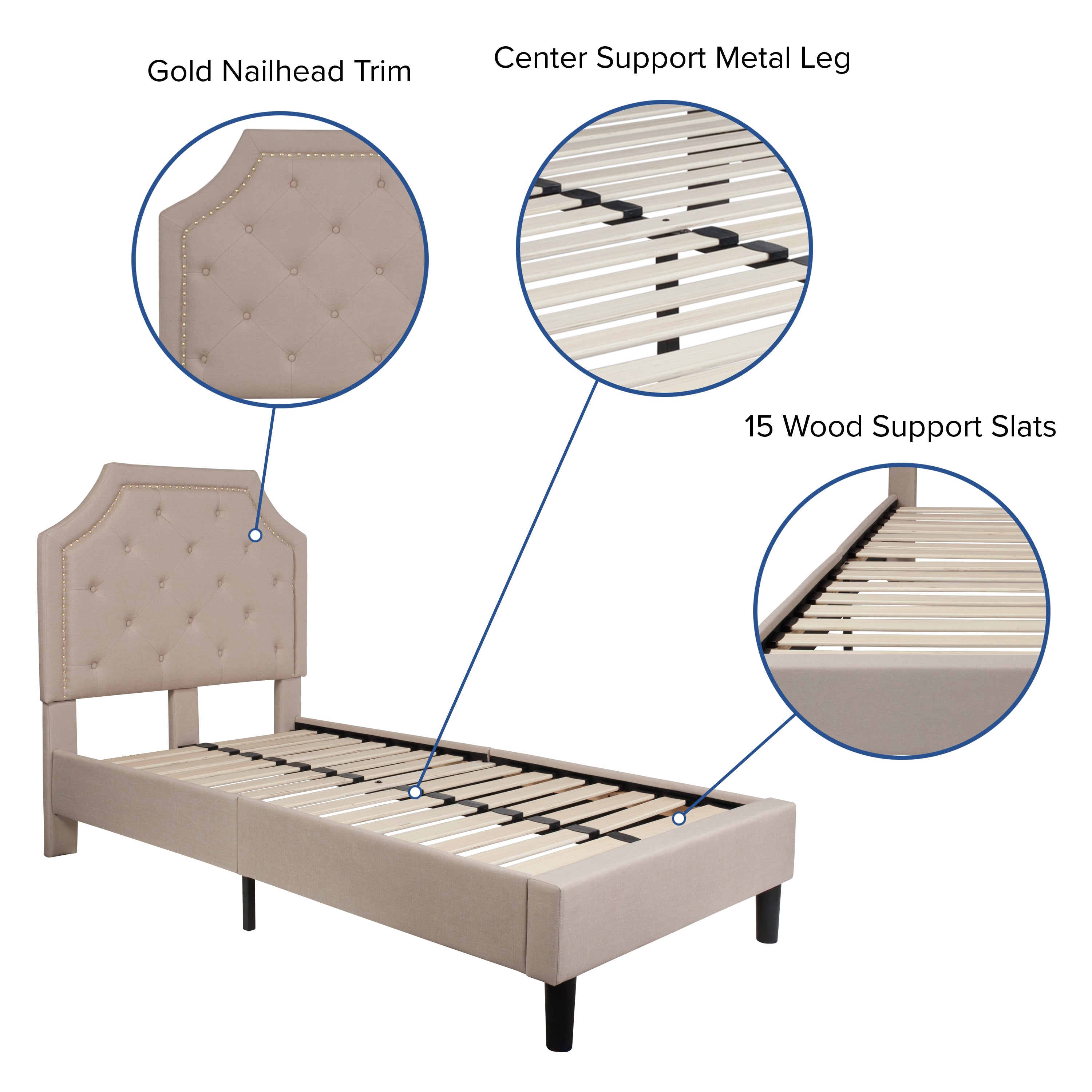 Brighton Twin Size Tufted Upholstered Platform Bed in Beige Fabric