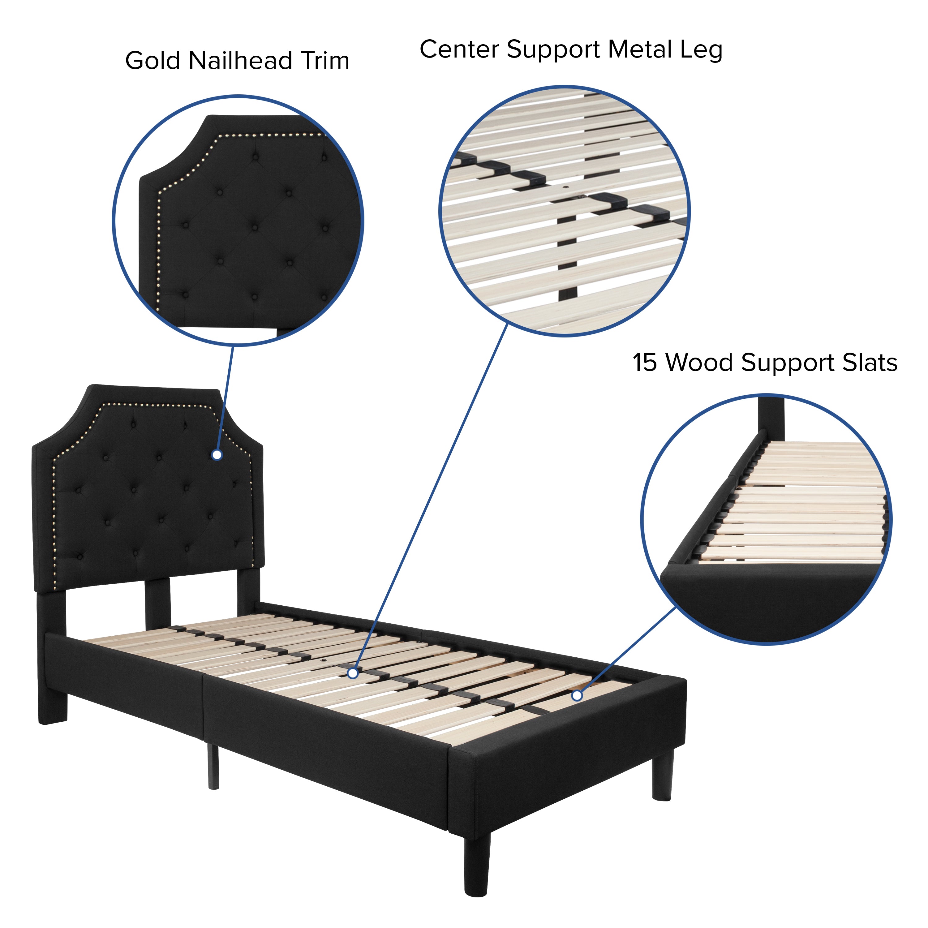 Brighton Twin Size Tufted Upholstered Platform Bed in Black Fabric