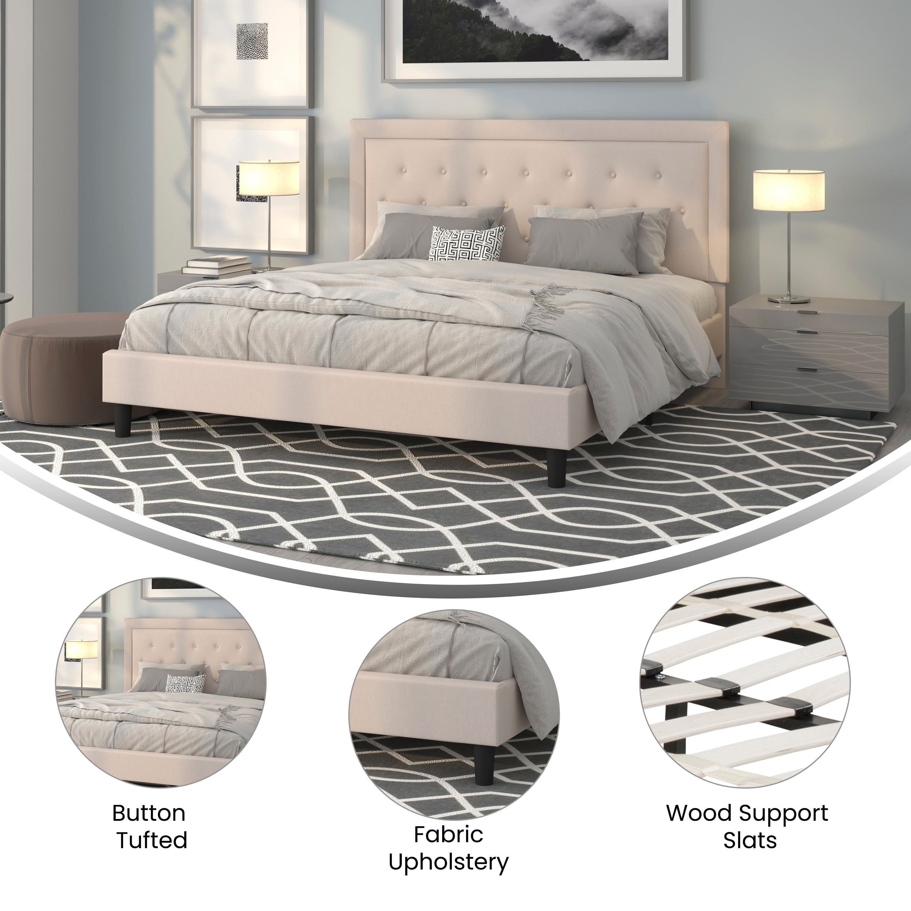Roxbury King Size Tufted Upholstered Platform Bed in Beige Fabric