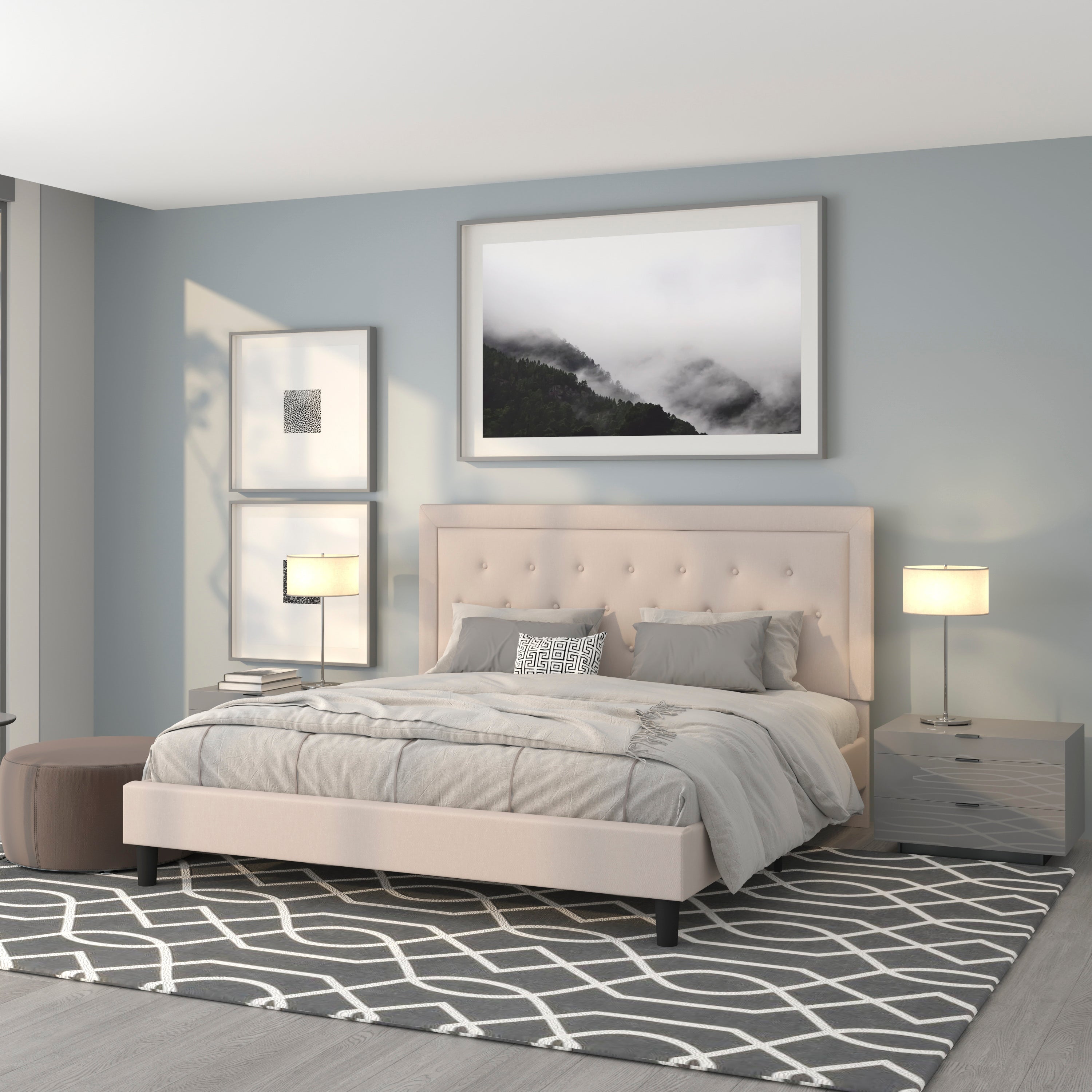 Roxbury King Size Tufted Upholstered Platform Bed in Beige Fabric