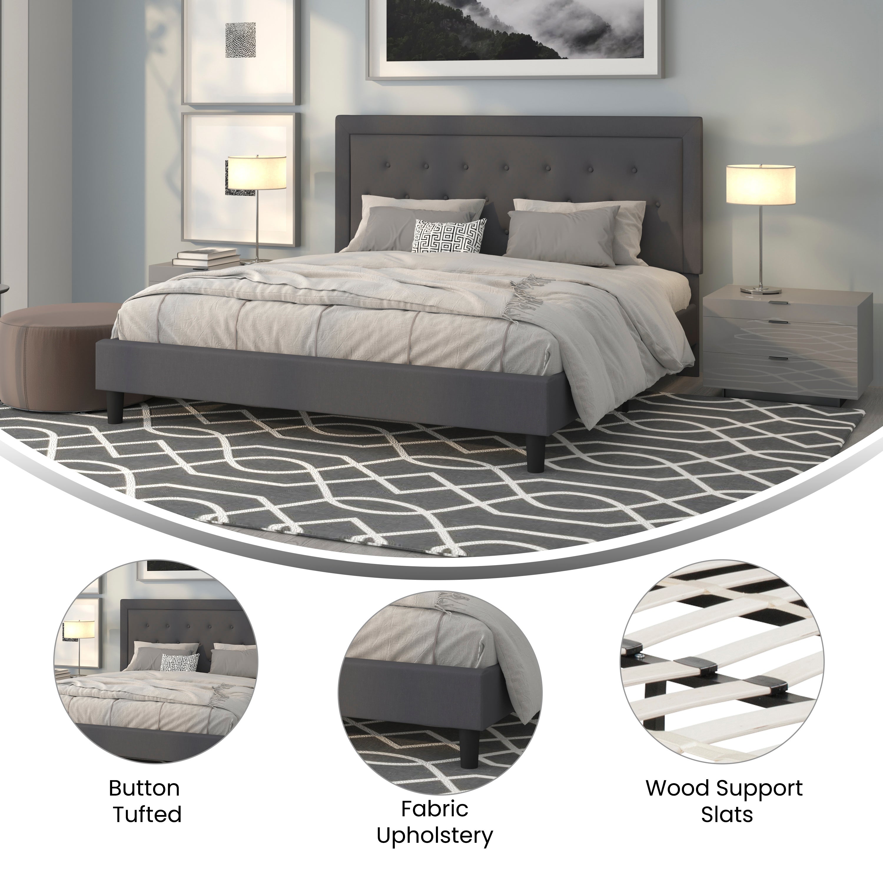Roxbury King Size Tufted Upholstered Platform Bed in Dark Gray Fabric