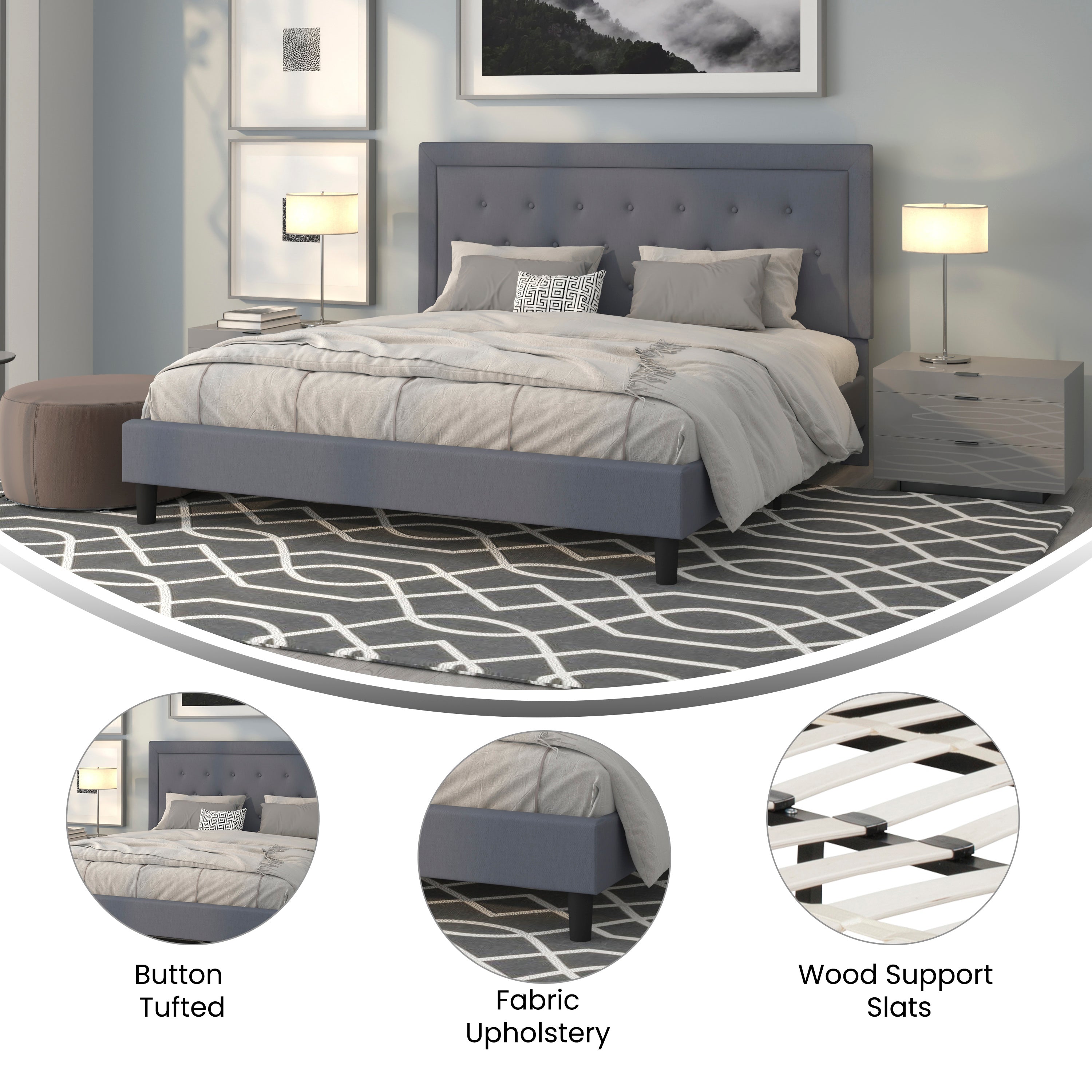 Roxbury King Size Tufted Upholstered Platform Bed in Light Gray Fabric