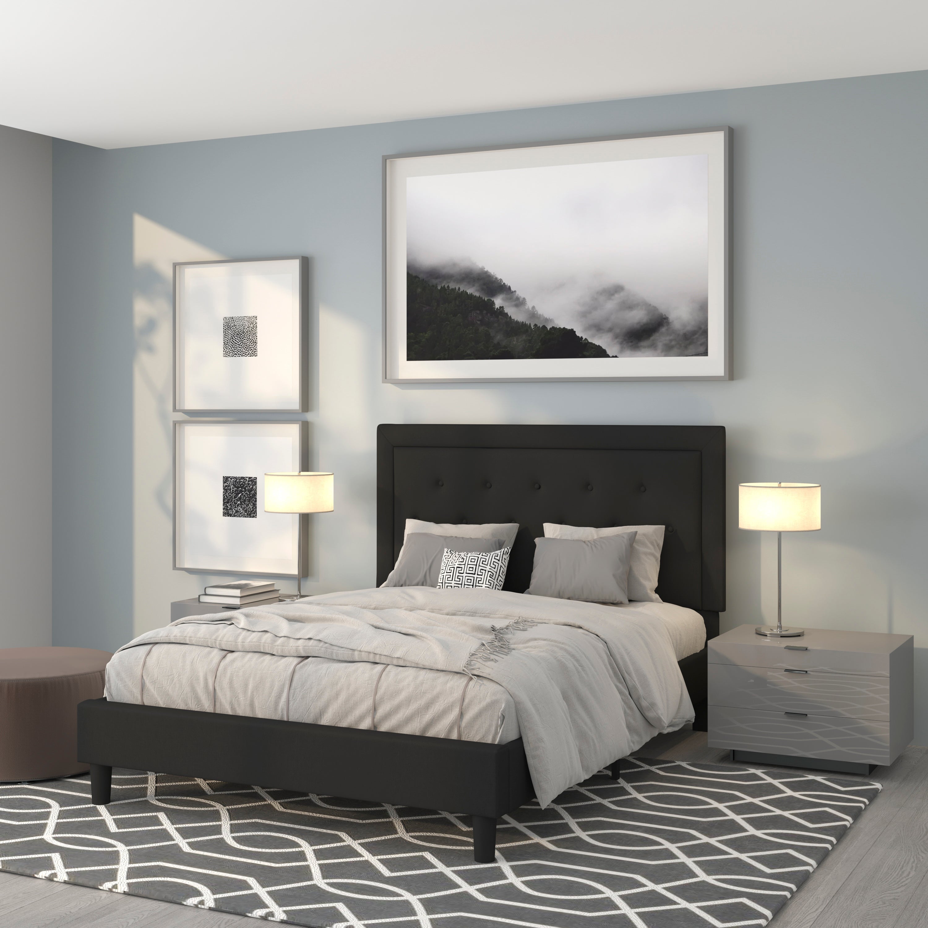 Roxbury Queen Size Tufted Upholstered Platform Bed in Black Fabric