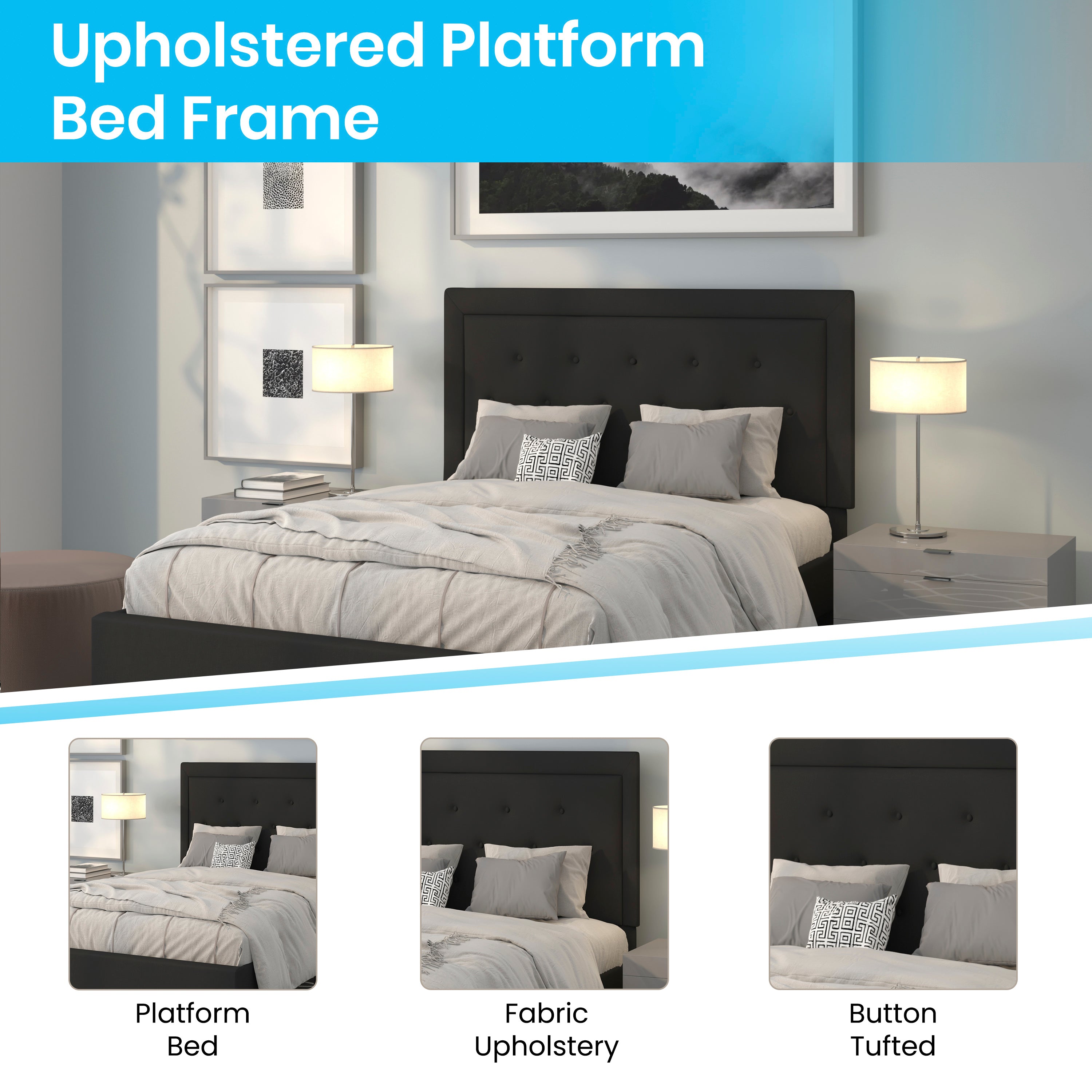 Roxbury Queen Size Tufted Upholstered Platform Bed in Black Fabric
