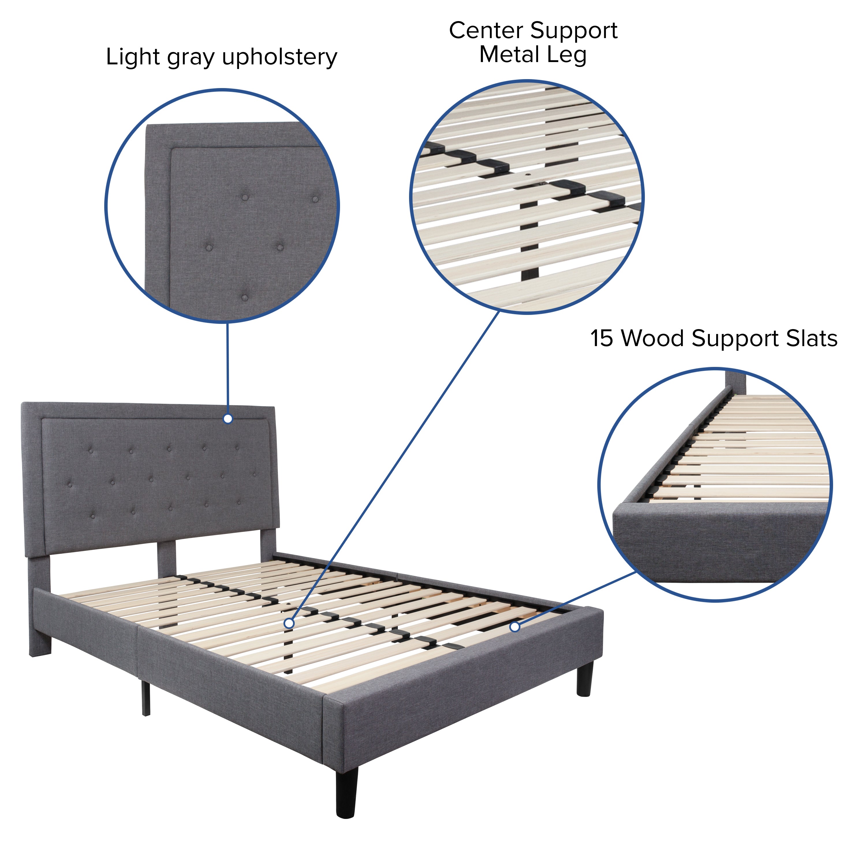 Roxbury Queen Size Tufted Upholstered Platform Bed in Light Gray Fabric