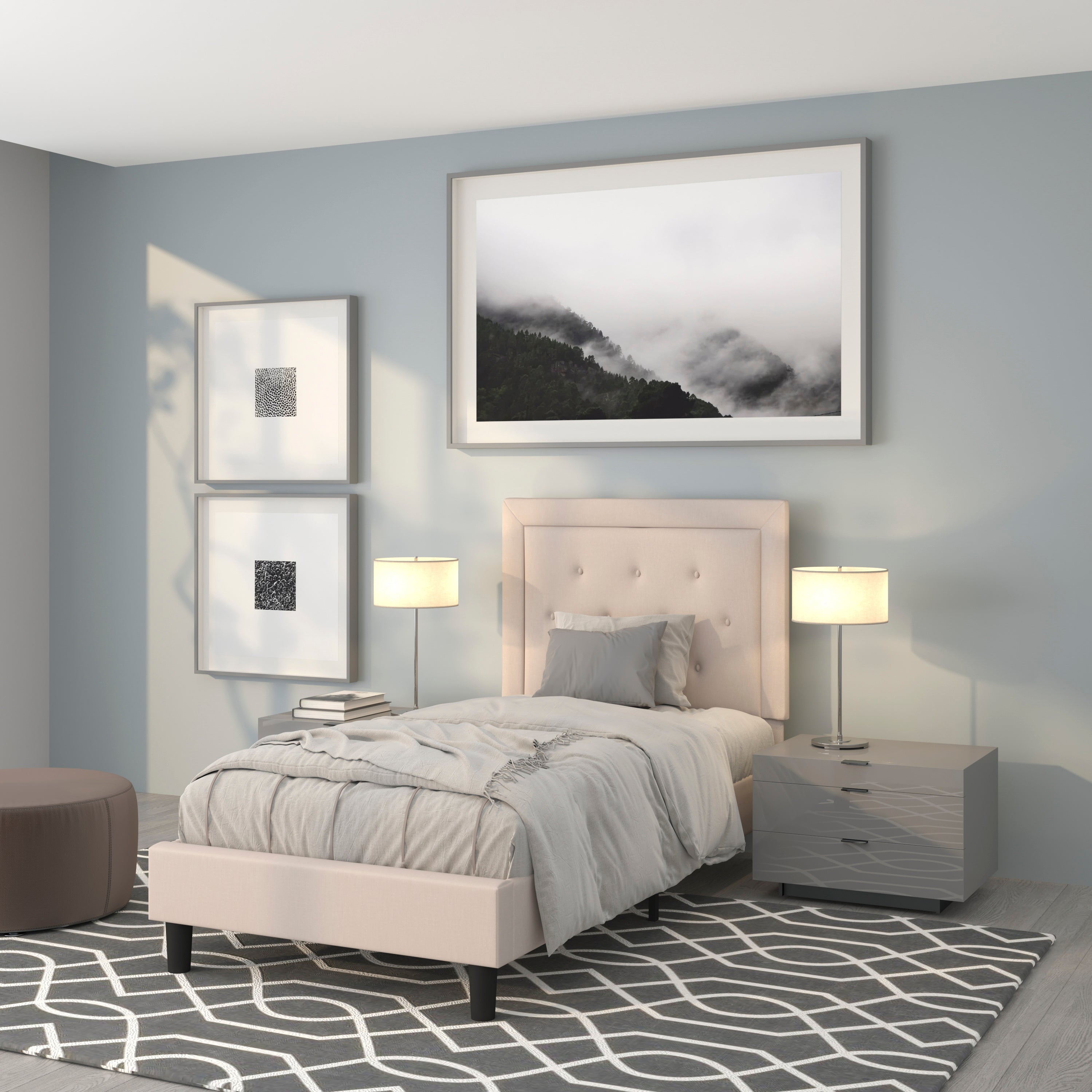 Roxbury Twin Size Tufted Upholstered Platform Bed in Beige Fabric