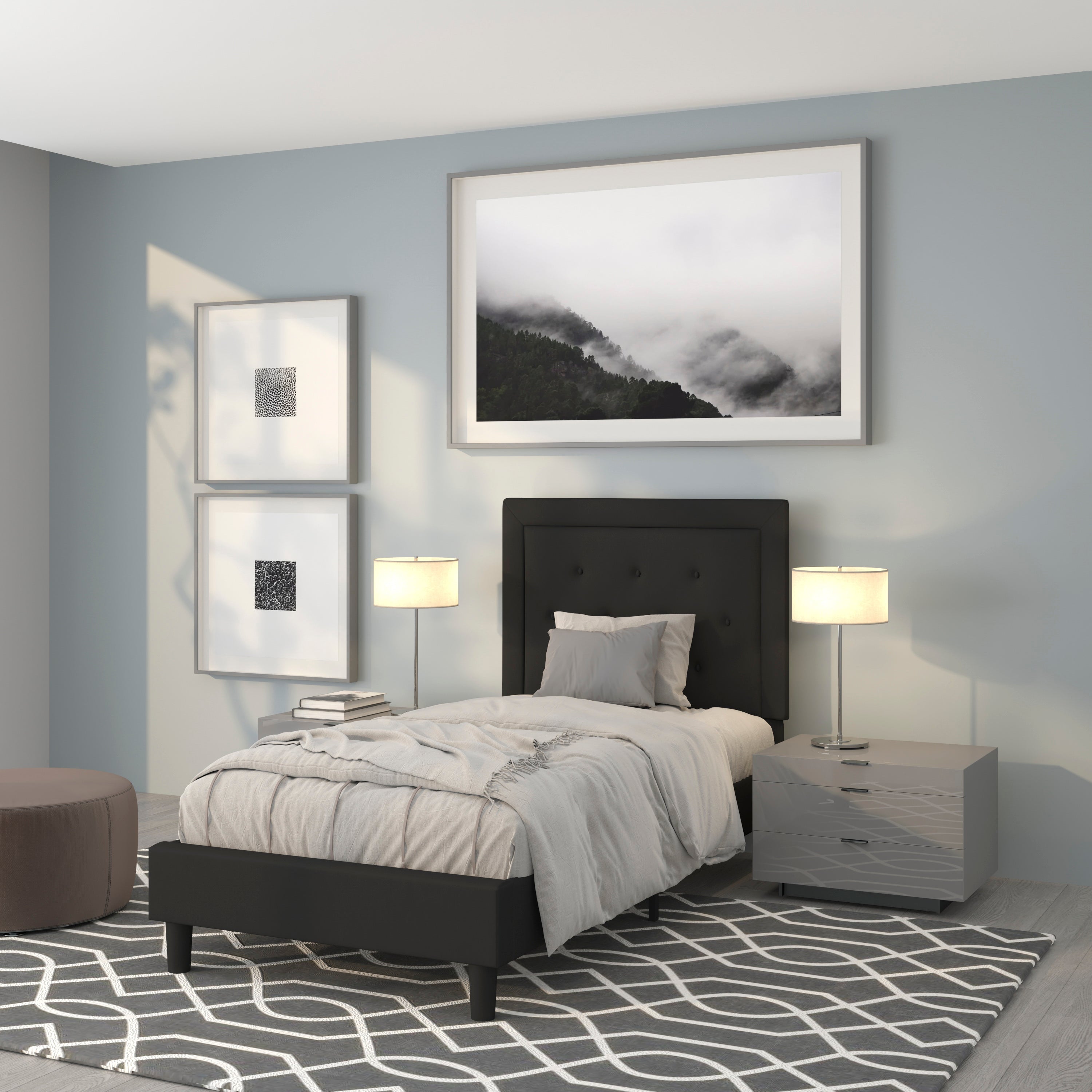Roxbury Twin Size Tufted Upholstered Platform Bed in Black Fabric