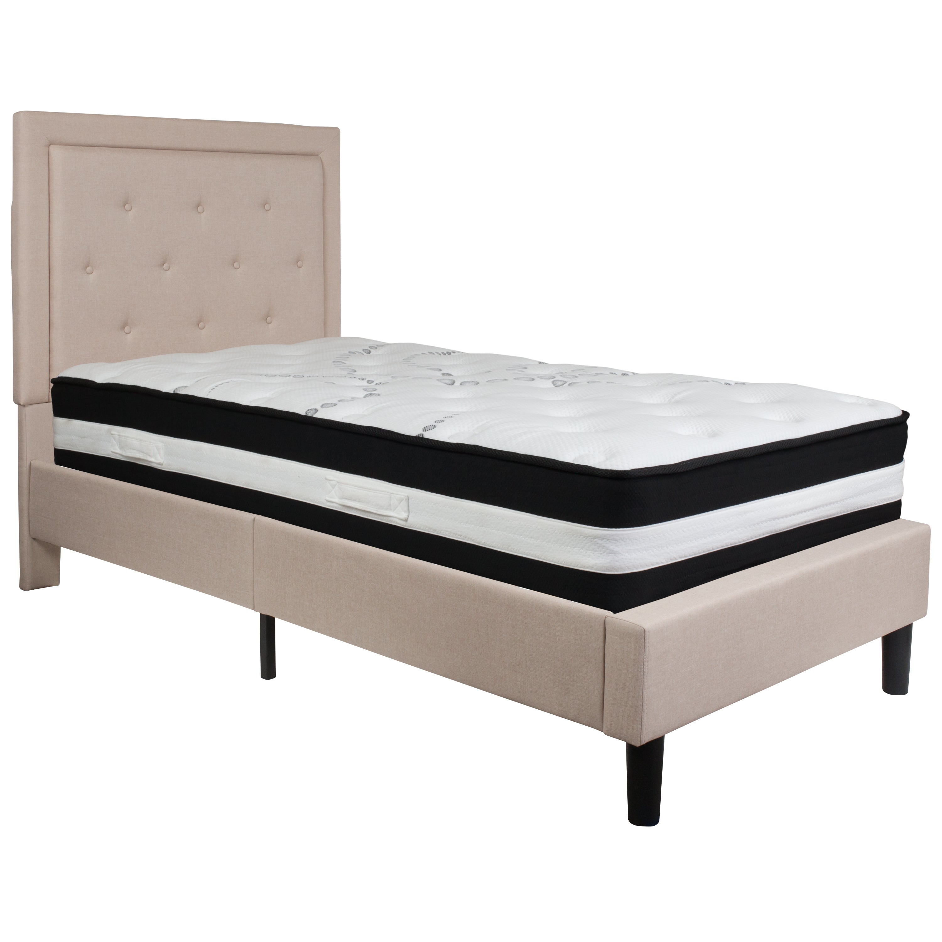Roxbury Twin Size Tufted Upholstered Platform Bed in Beige Fabric with Pocket Spring Mattress