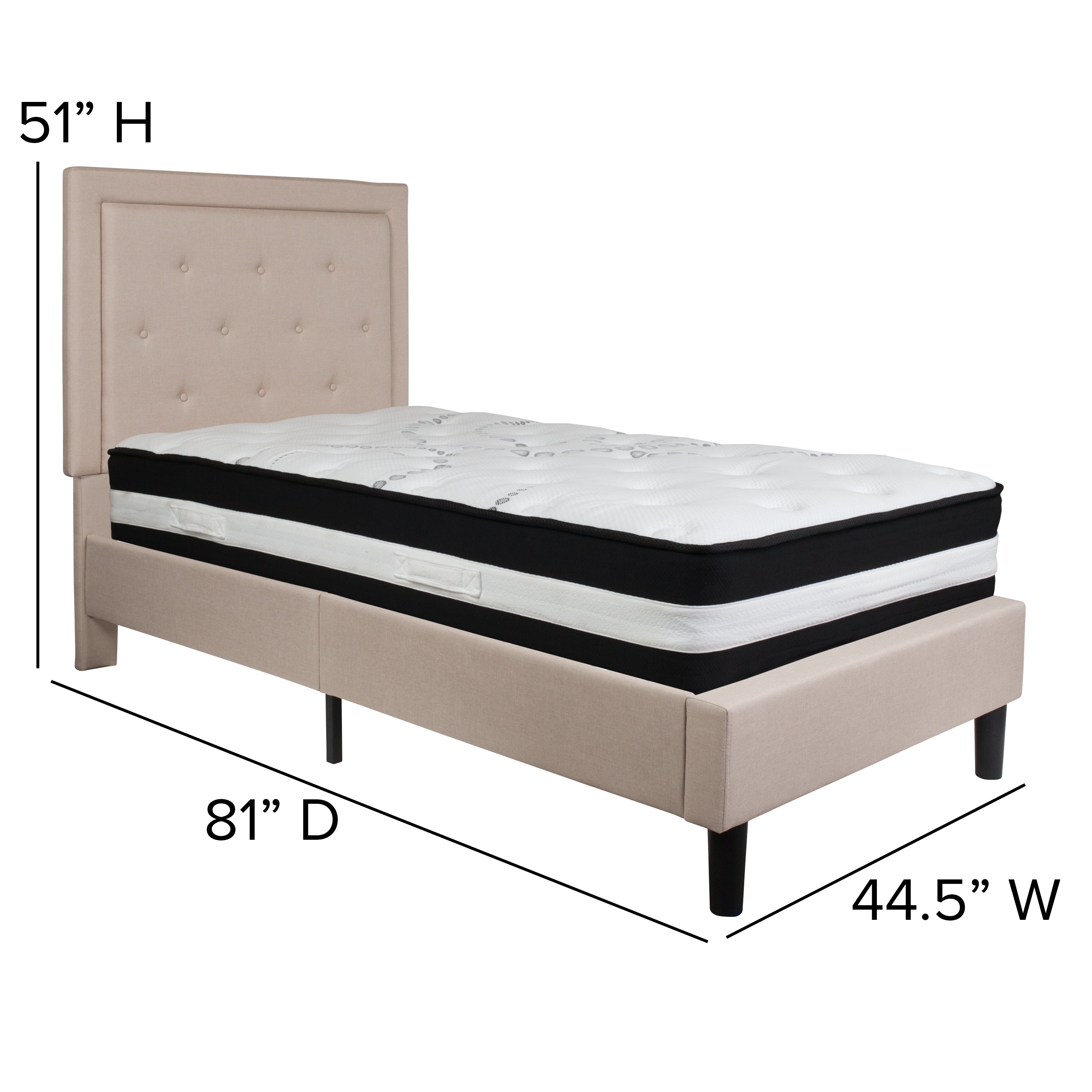 Roxbury Twin Size Tufted Upholstered Platform Bed in Beige Fabric with Pocket Spring Mattress