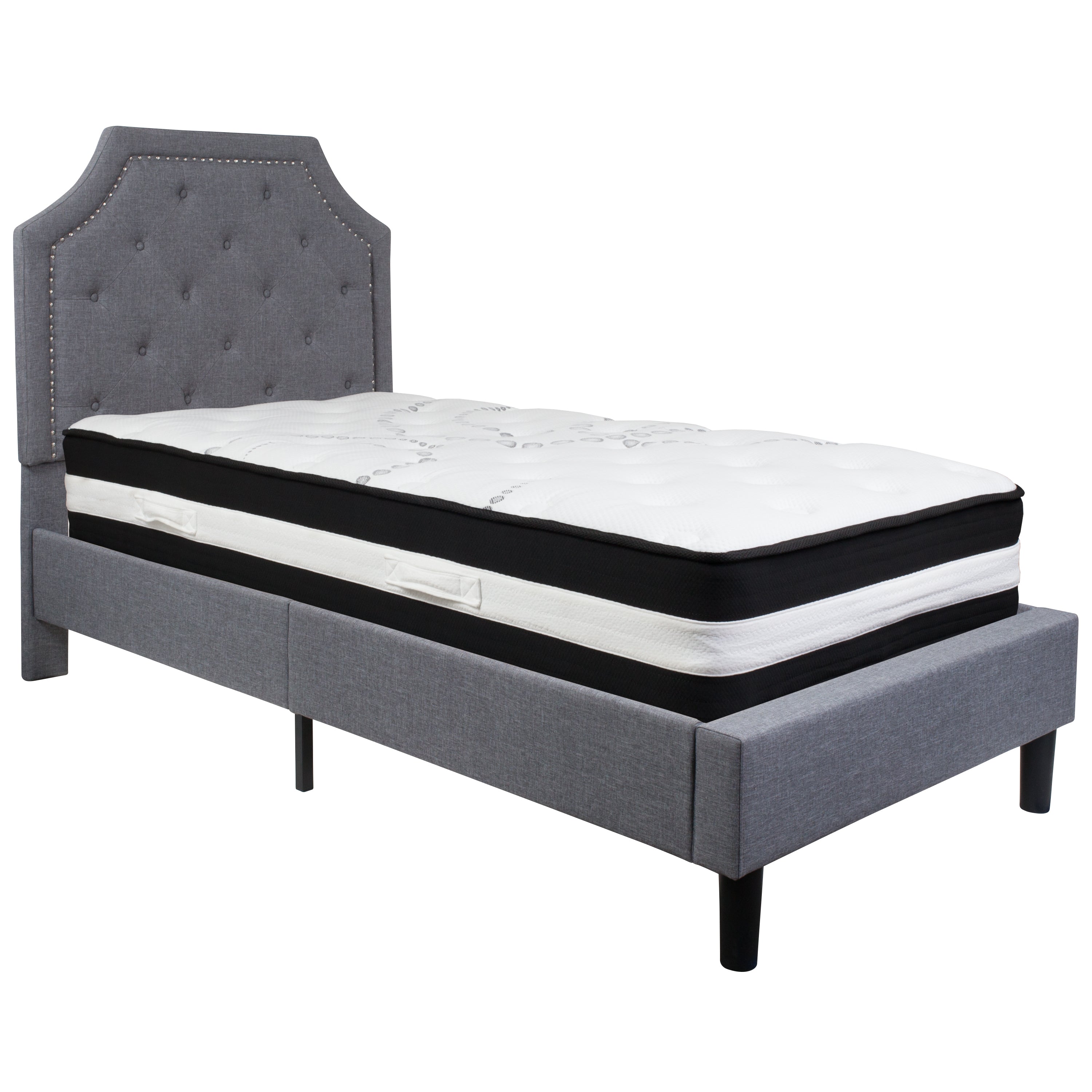 Brighton Twin Size Tufted Upholstered Platform Bed in Light Gray Fabric with Pocket Spring Mattress