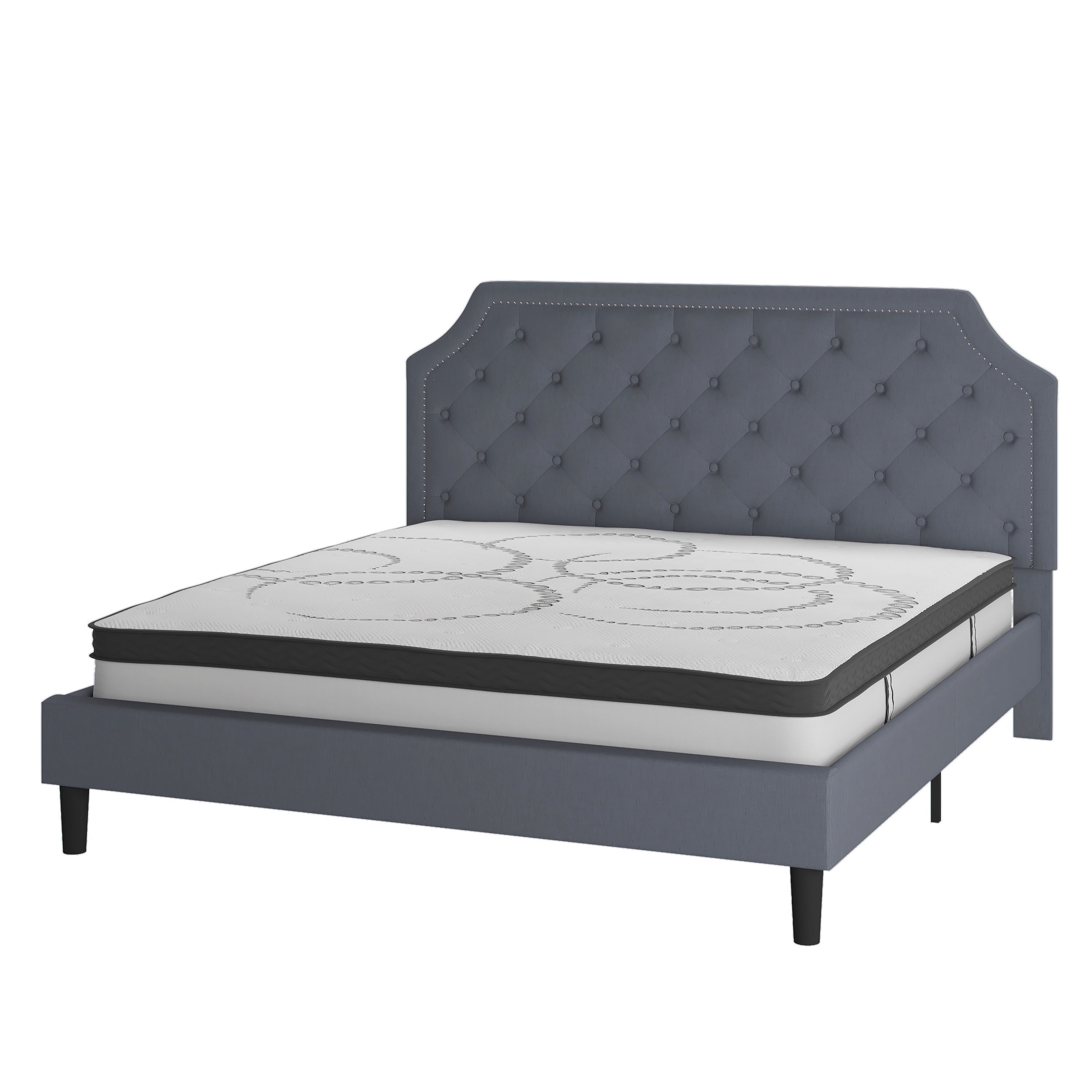 Brighton King Size Tufted Upholstered Platform Bed in Light Gray Fabric with 10 Inch CertiPUR-US Certified Pocket Spring Mattress