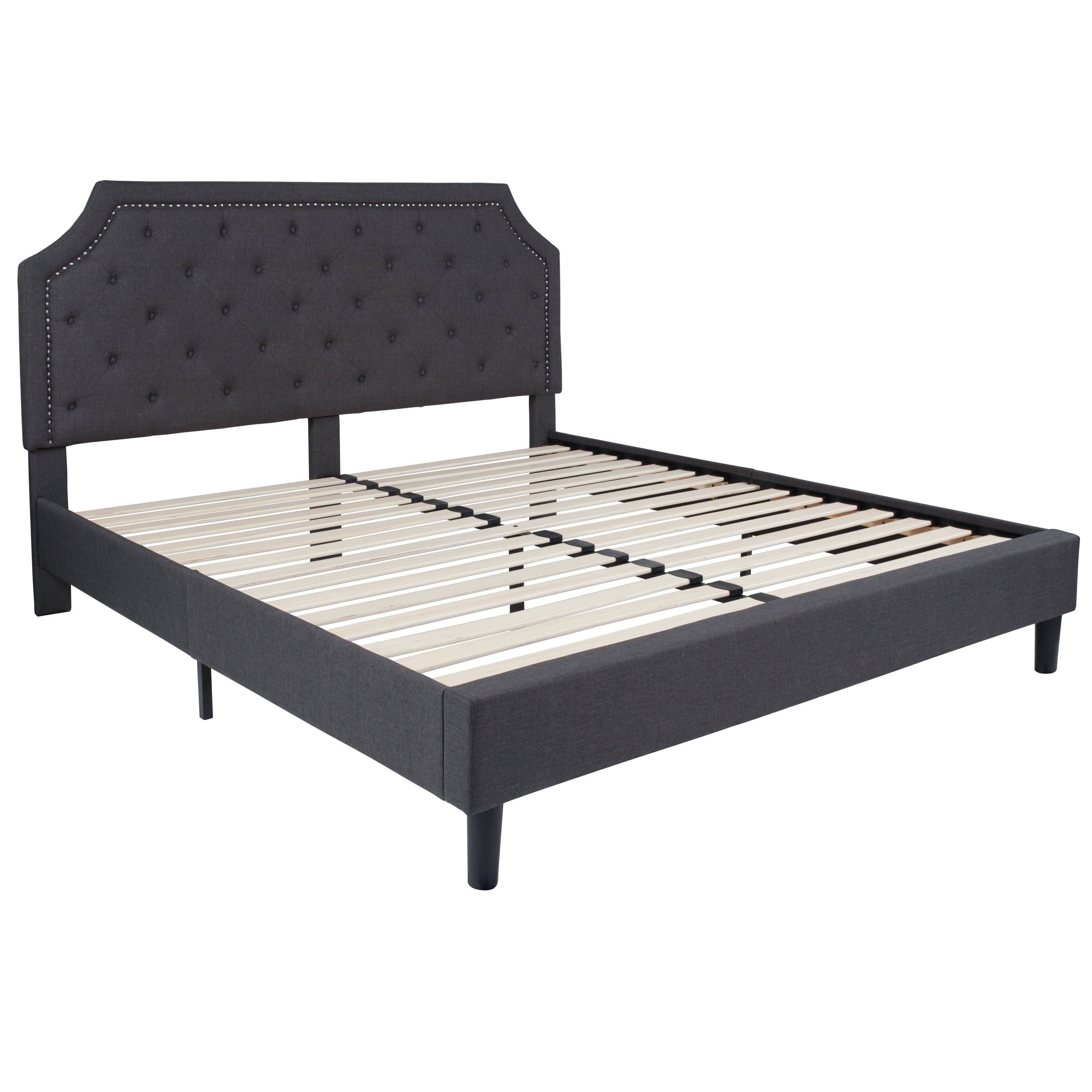 Brighton King Size Tufted Upholstered Platform Bed in Dark Gray Fabric with 10 Inch CertiPUR-US Certified Pocket Spring Mattress