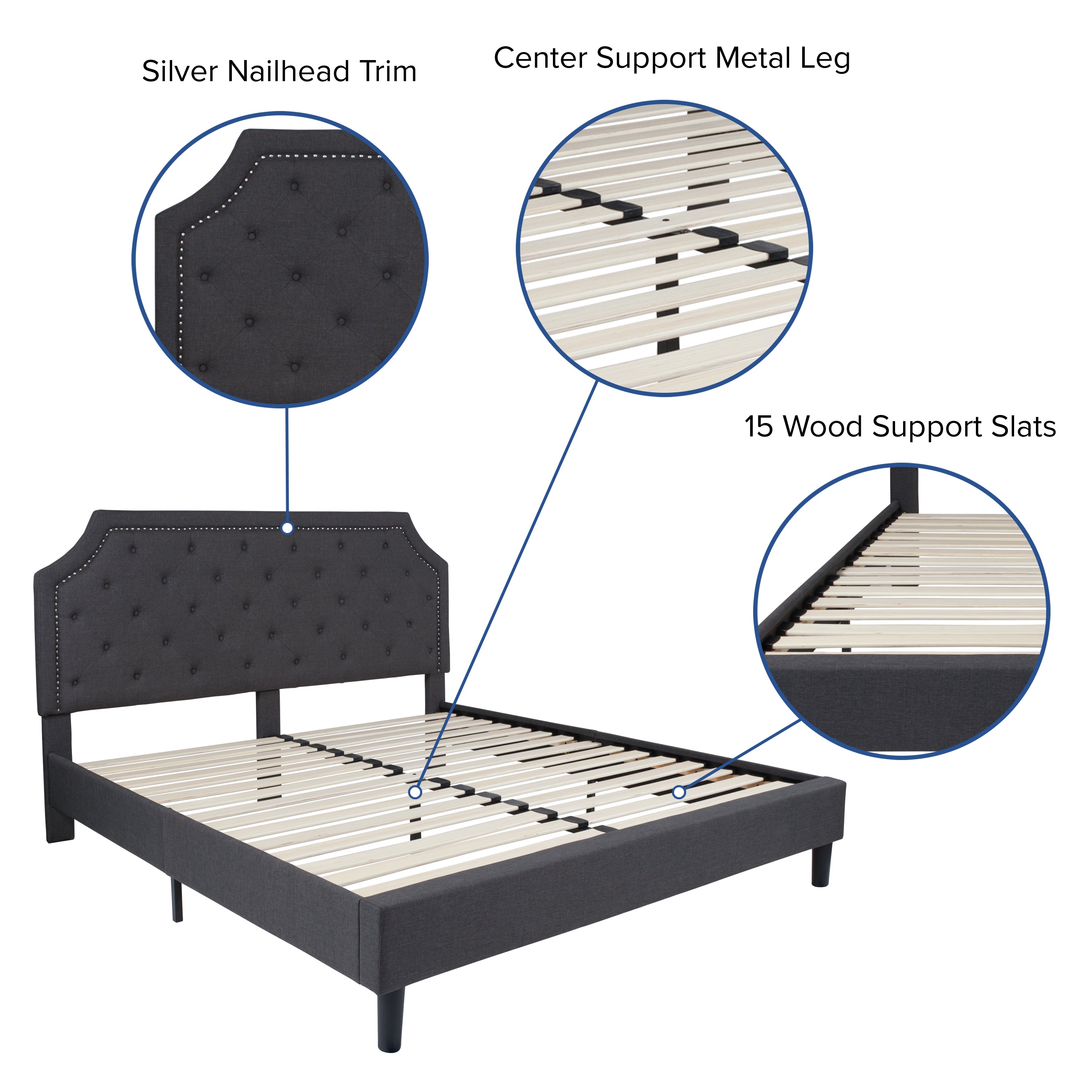 Brighton King Size Tufted Upholstered Platform Bed in Dark Gray Fabric with 10 Inch CertiPUR-US Certified Pocket Spring Mattress