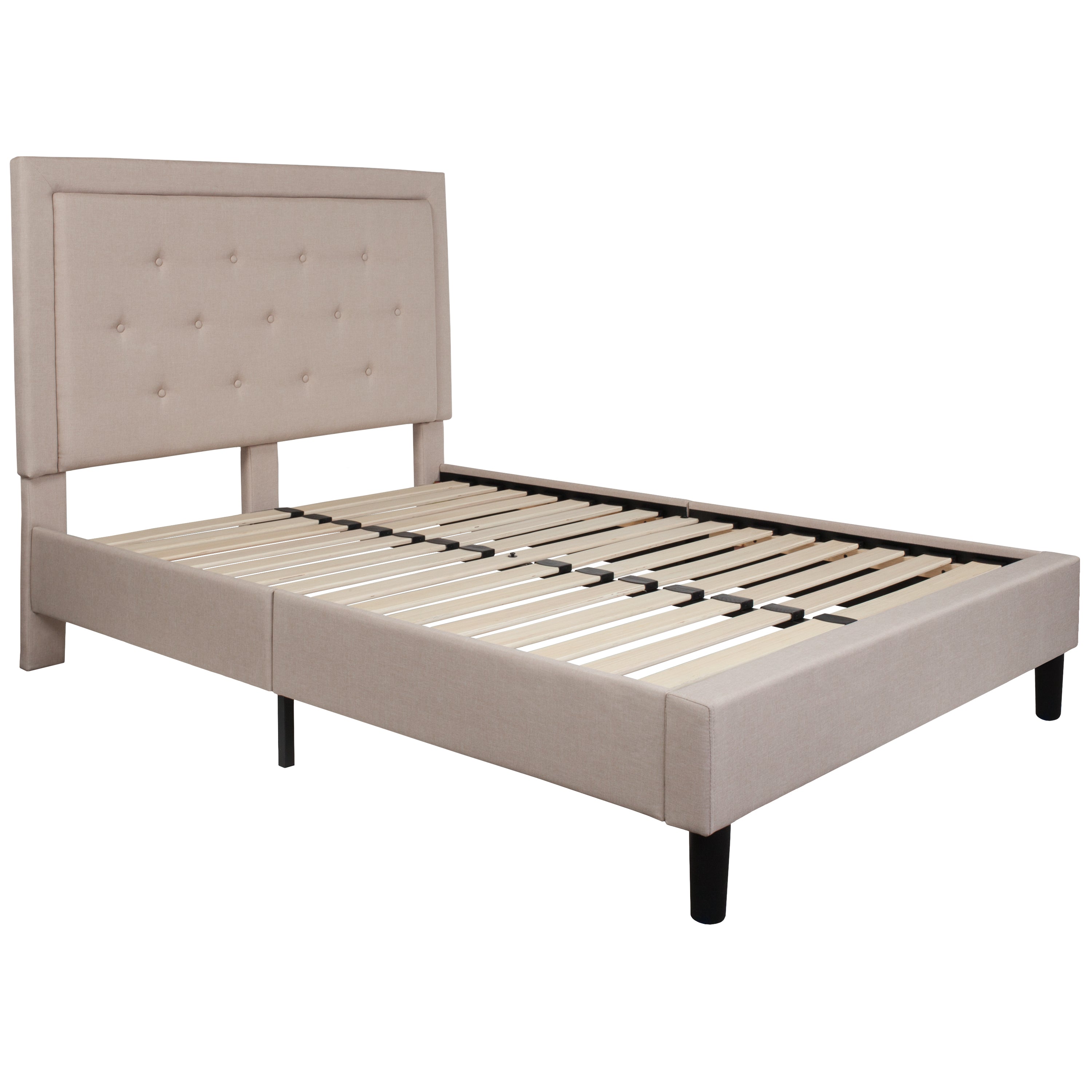 Roxbury Full Size Tufted Upholstered Platform Bed in Beige Fabric with 10 Inch CertiPUR-US Certified Pocket Spring Mattress