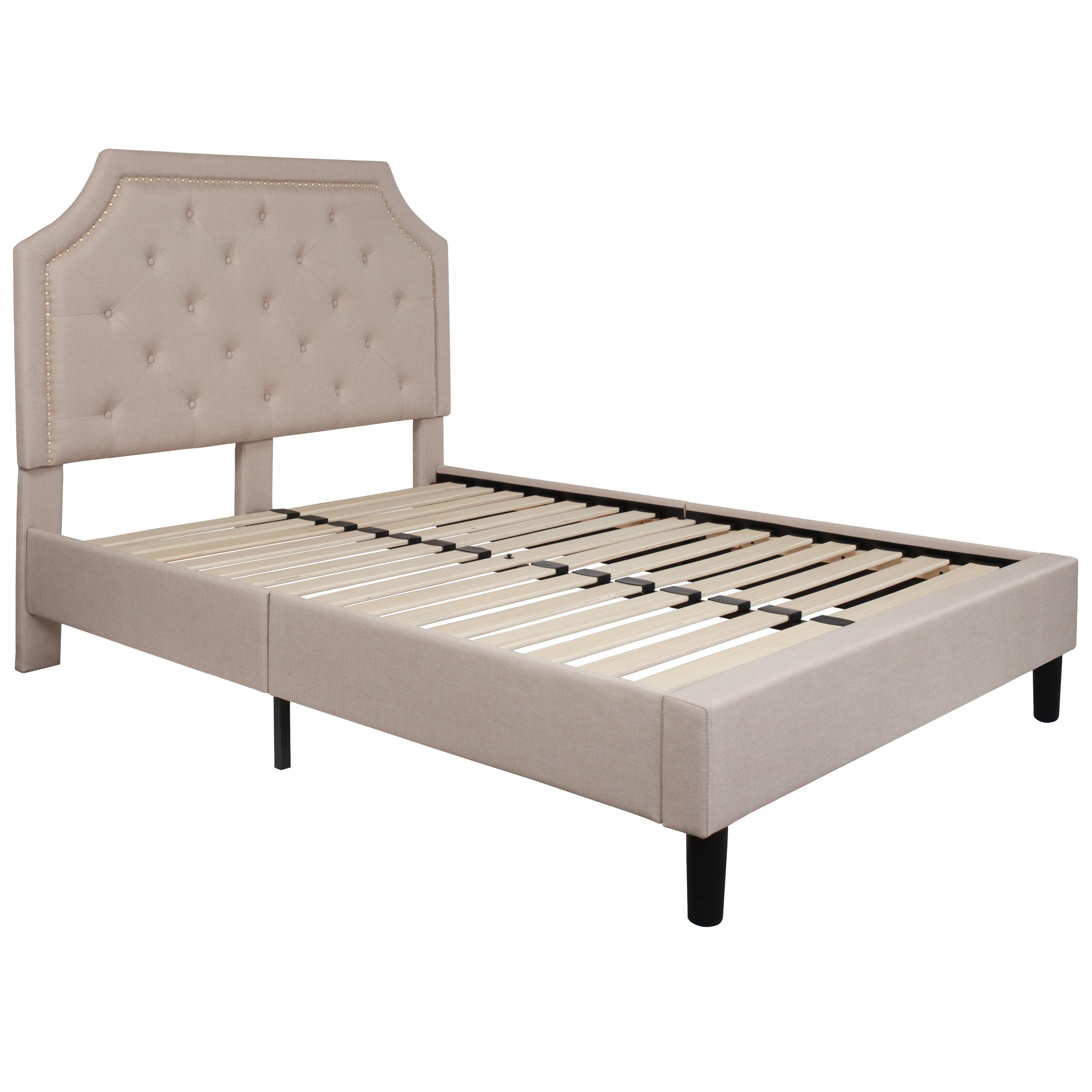 Brighton Full Size Tufted Upholstered Platform Bed in Beige Fabric with 10 Inch CertiPUR-US Certified Pocket Spring Mattress