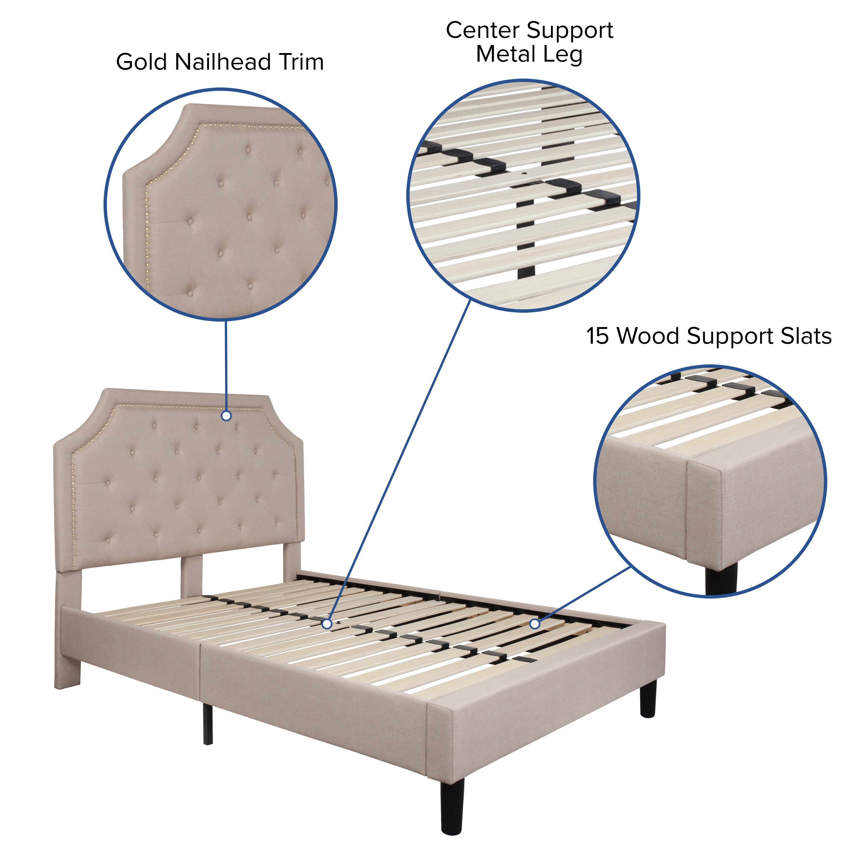 Brighton Full Size Tufted Upholstered Platform Bed in Beige Fabric with 10 Inch CertiPUR-US Certified Pocket Spring Mattress