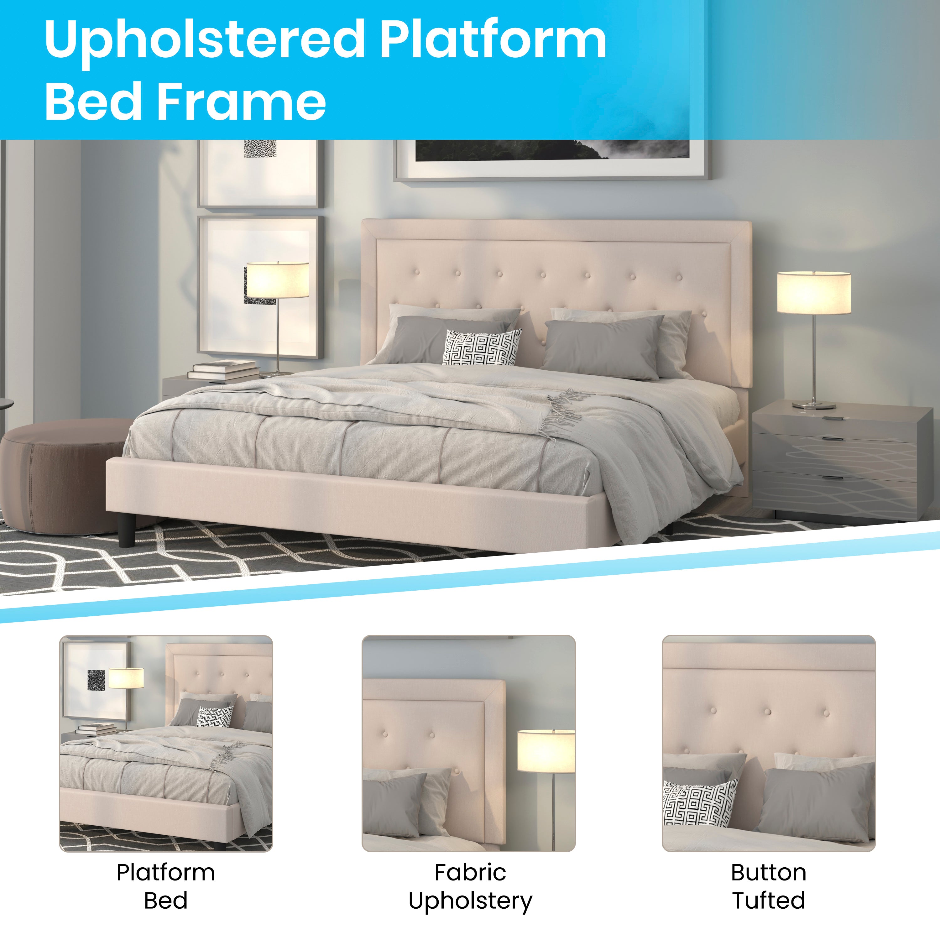 Roxbury King Size Tufted Upholstered Platform Bed in Beige Fabric with 10 Inch CertiPUR-US Certified Pocket Spring Mattress