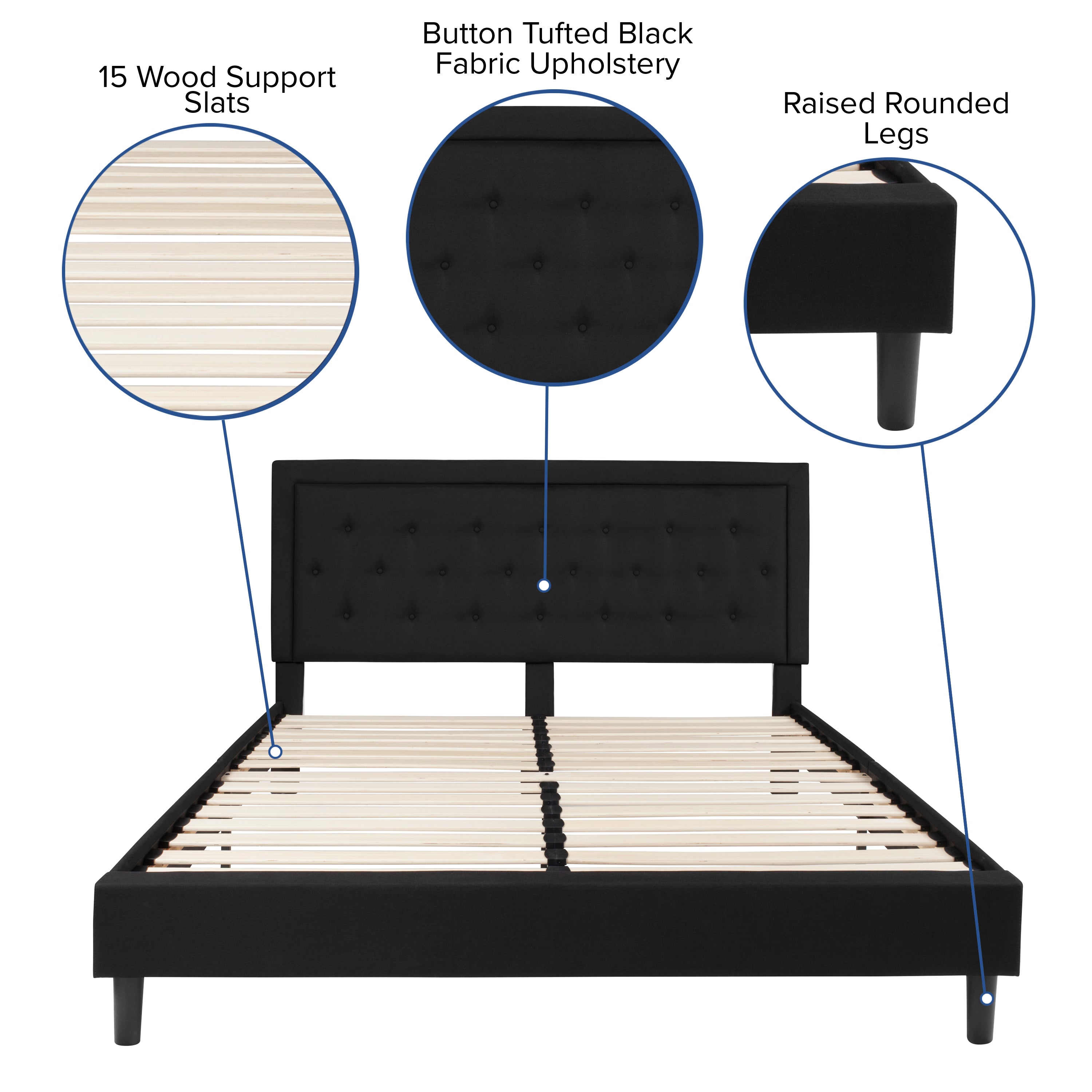 Roxbury King Size Tufted Upholstered Platform Bed in Black Fabric with 10 Inch CertiPUR-US Certified Pocket Spring Mattress