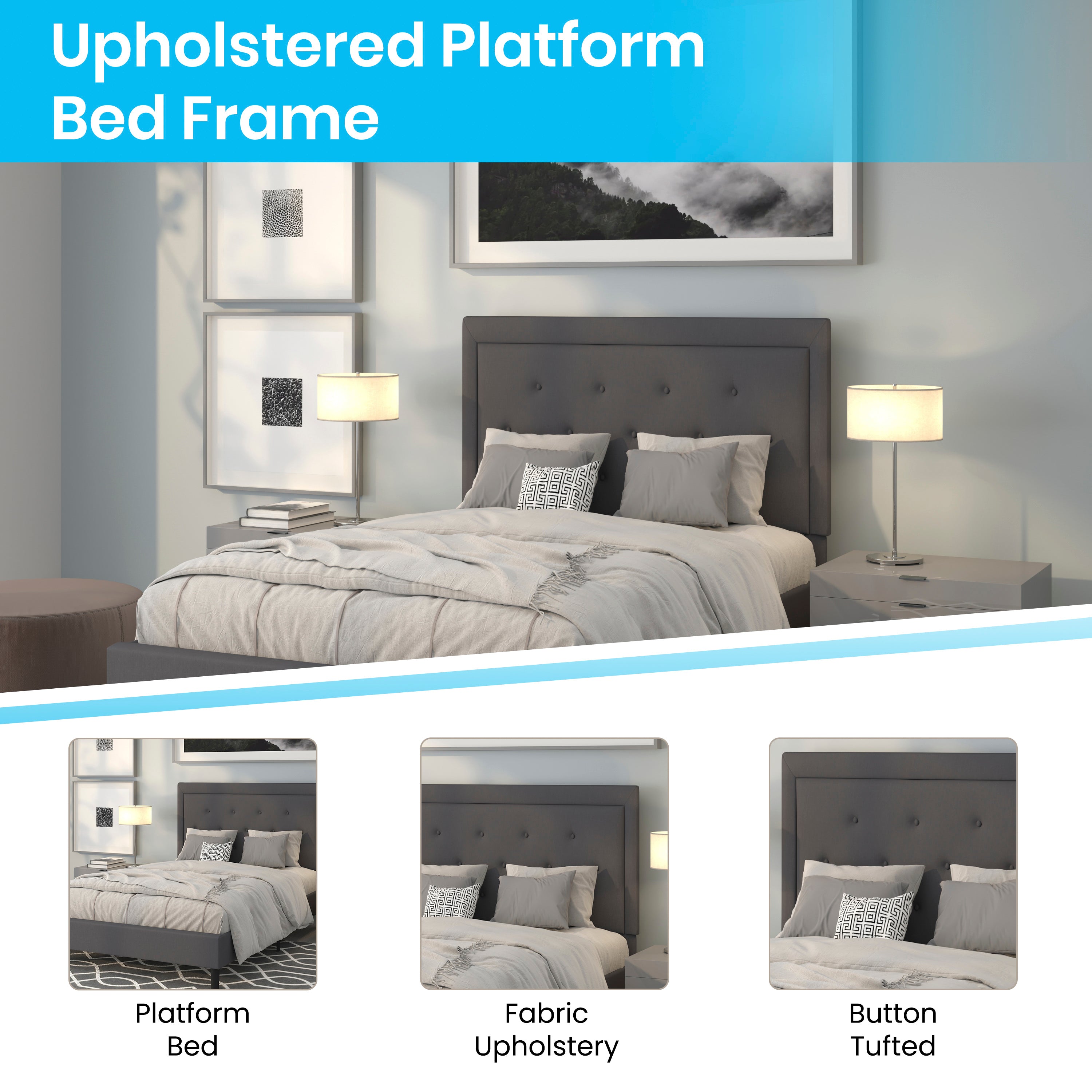 Roxbury Full Size Tufted Upholstered Platform Bed in Dark Gray Fabric with 10 Inch CertiPUR-US Certified Pocket Spring Mattress