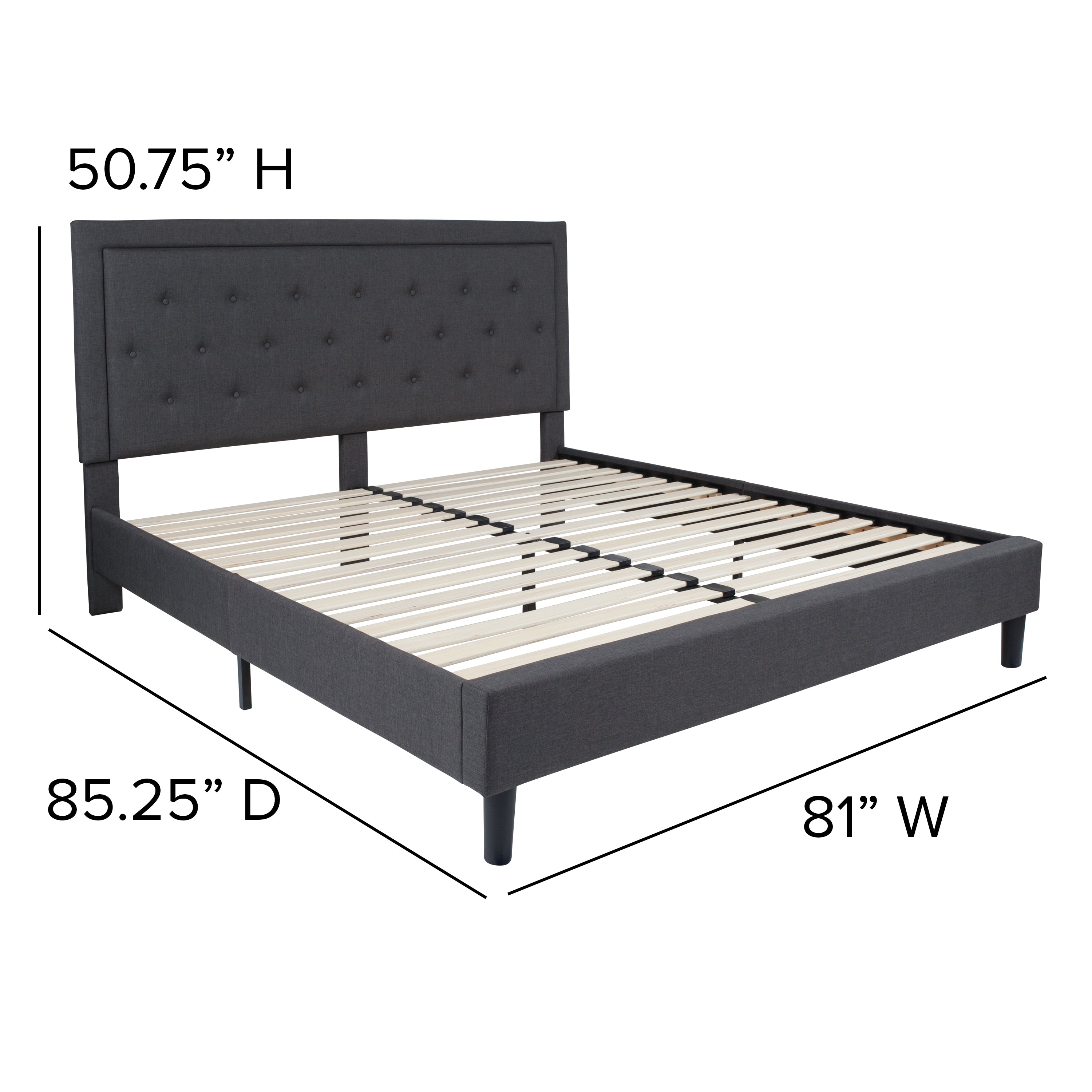 Roxbury King Size Tufted Upholstered Platform Bed in Dark Gray Fabric with 10 Inch CertiPUR-US Certified Pocket Spring Mattress