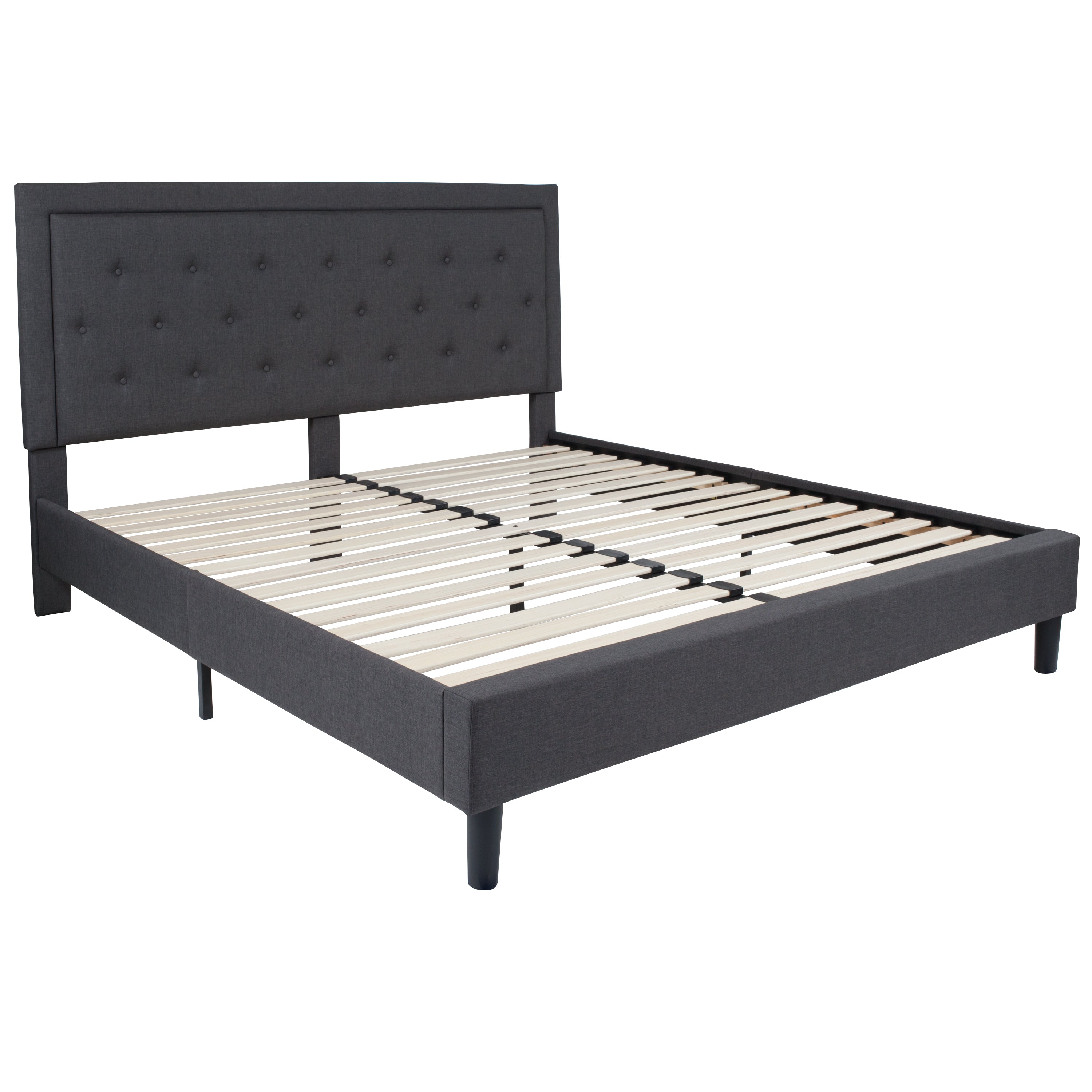 Roxbury King Size Tufted Upholstered Platform Bed in Dark Gray Fabric with 10 Inch CertiPUR-US Certified Pocket Spring Mattress