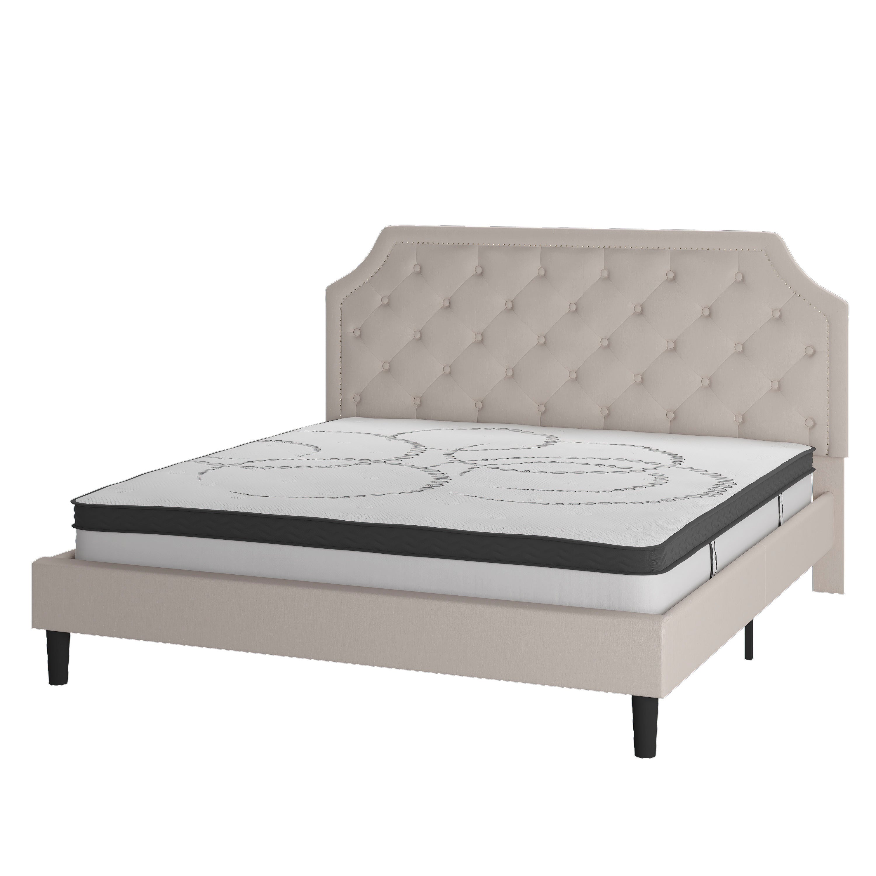 Brighton King Size Tufted Upholstered Platform Bed in Beige Fabric with 10 Inch CertiPUR-US Certified Pocket Spring Mattress