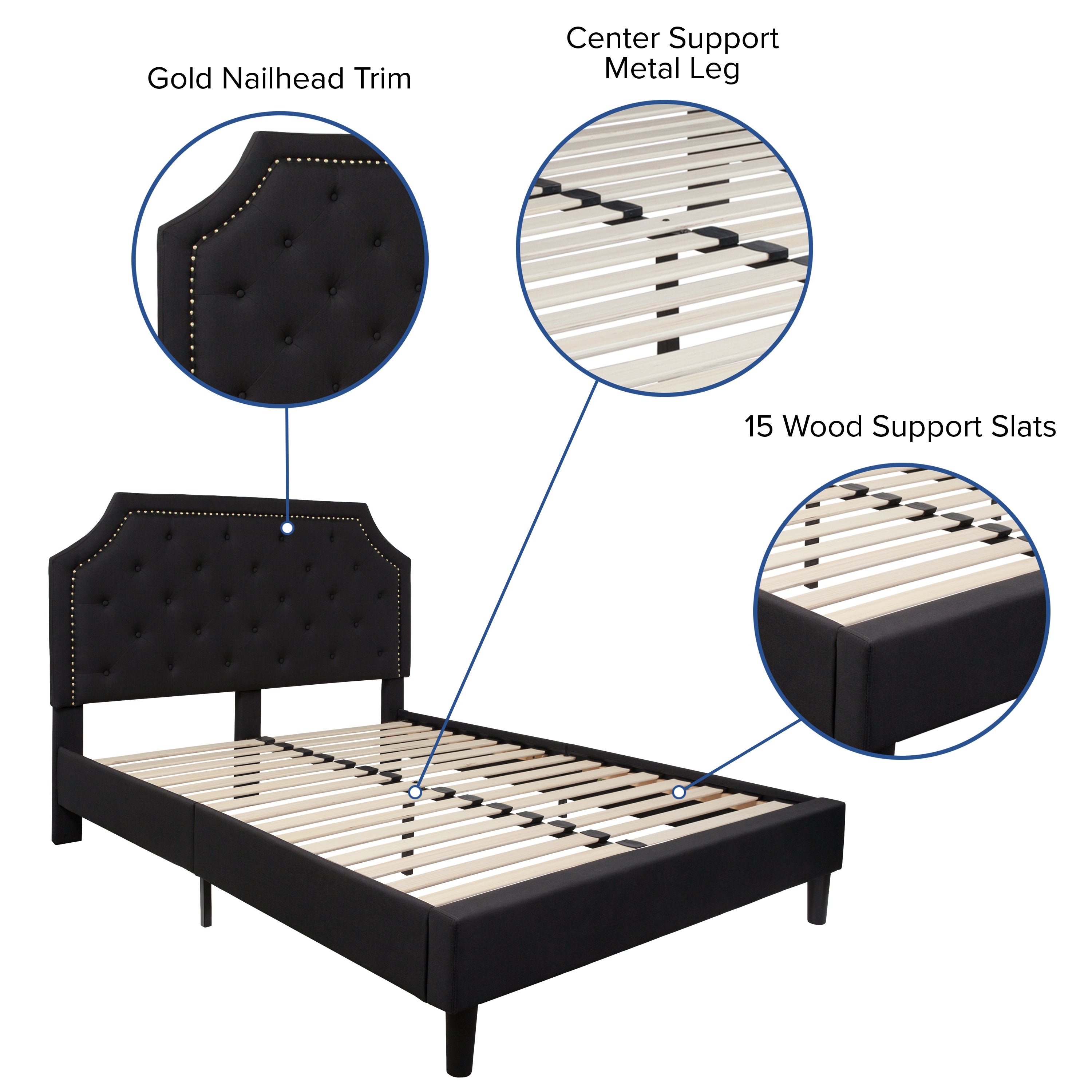 Brighton Full Size Tufted Upholstered Platform Bed in Black Fabric with 10 Inch CertiPUR-US Certified Pocket Spring Mattress