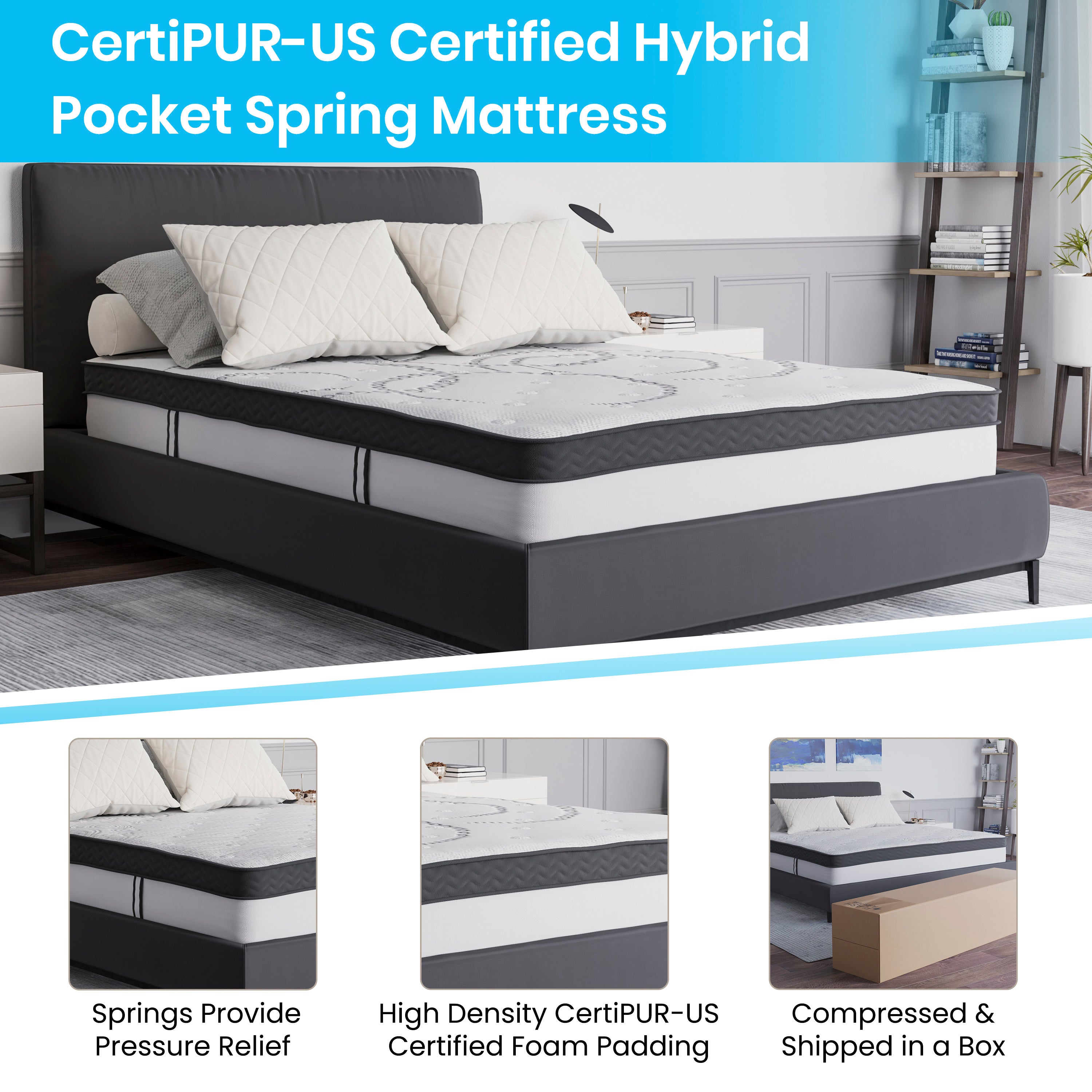 Brighton Full Size Tufted Upholstered Platform Bed in Black Fabric with 10 Inch CertiPUR-US Certified Pocket Spring Mattress