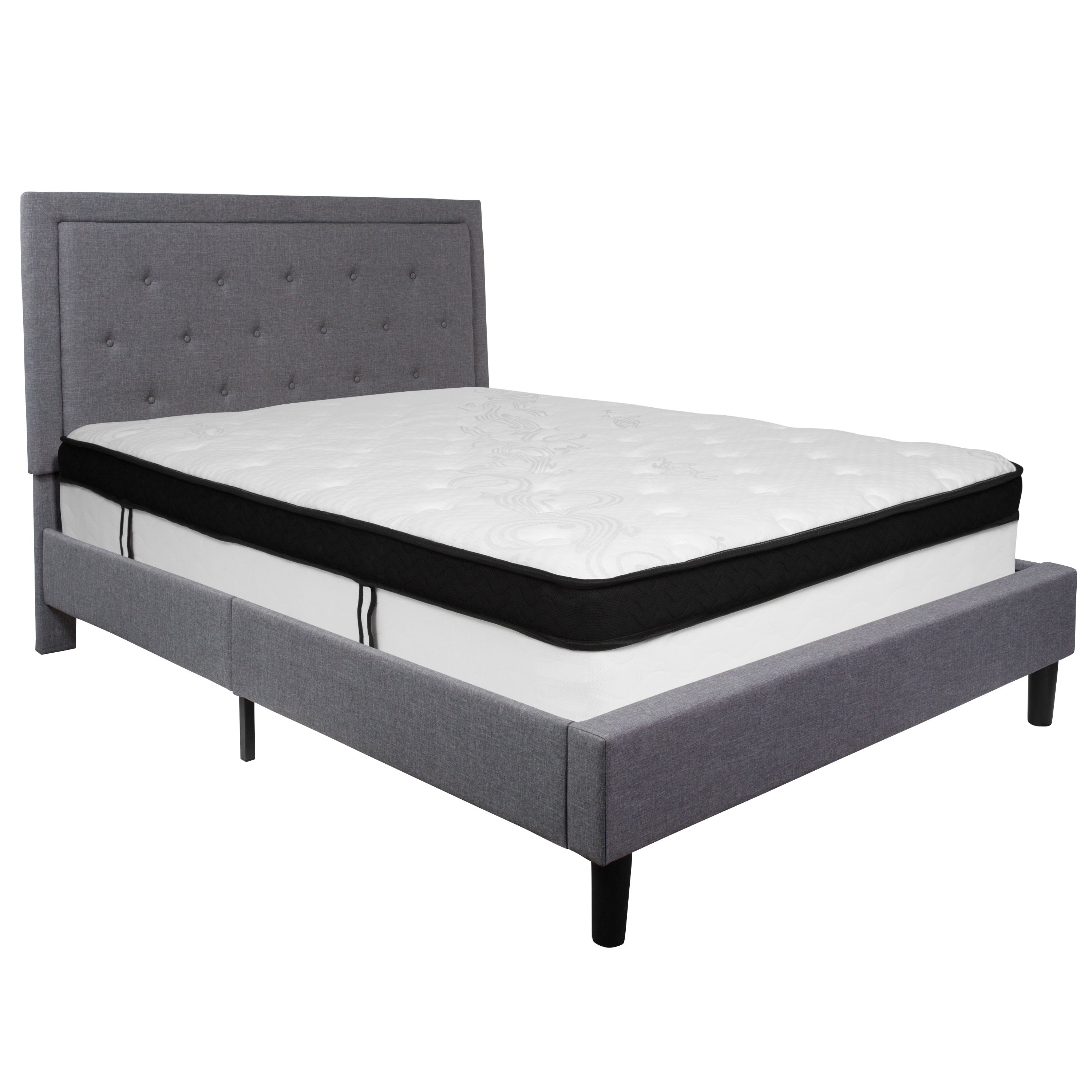 Roxbury Queen Size Tufted Upholstered Platform Bed in Light Gray Fabric with Memory Foam Mattress