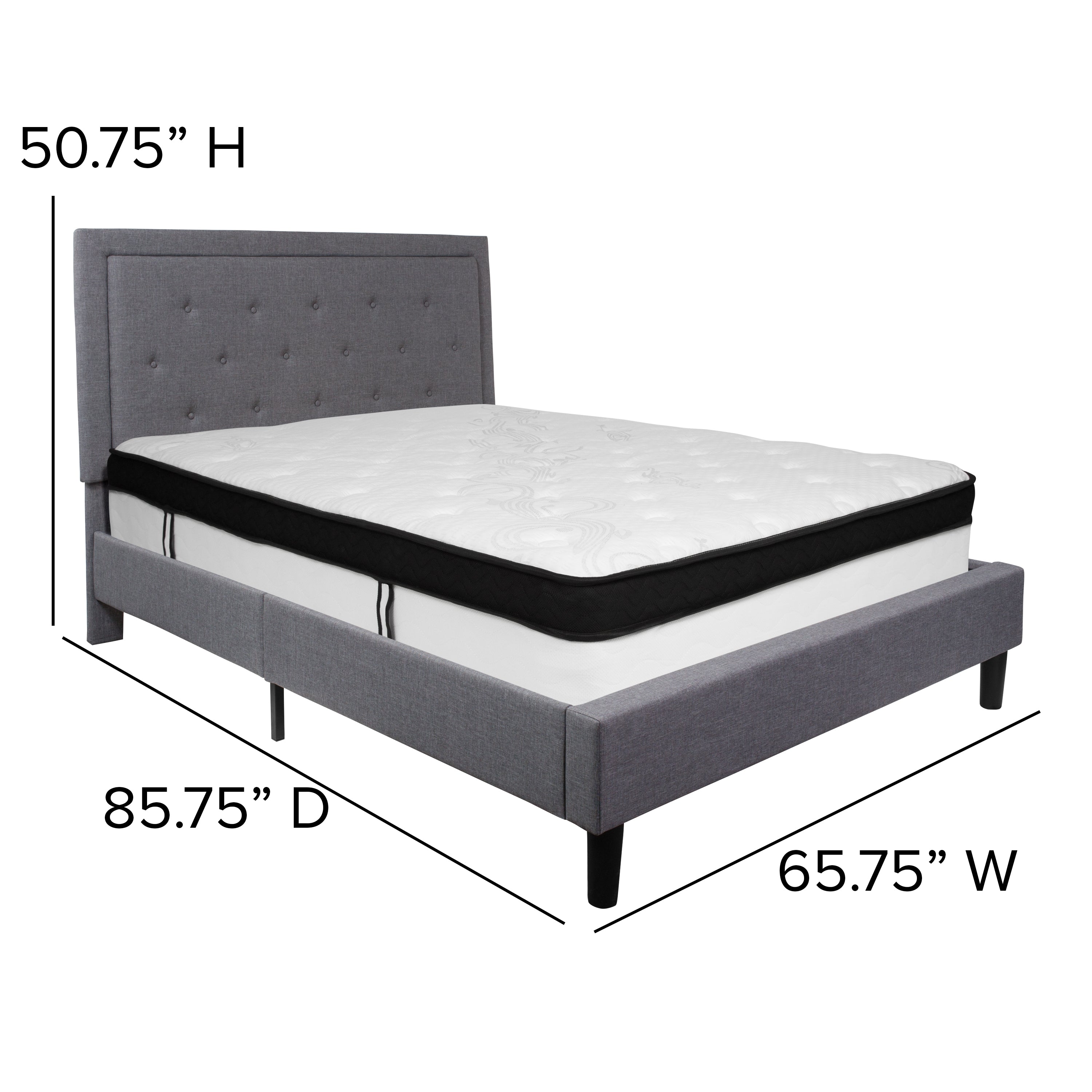 Roxbury Queen Size Tufted Upholstered Platform Bed in Light Gray Fabric with Memory Foam Mattress