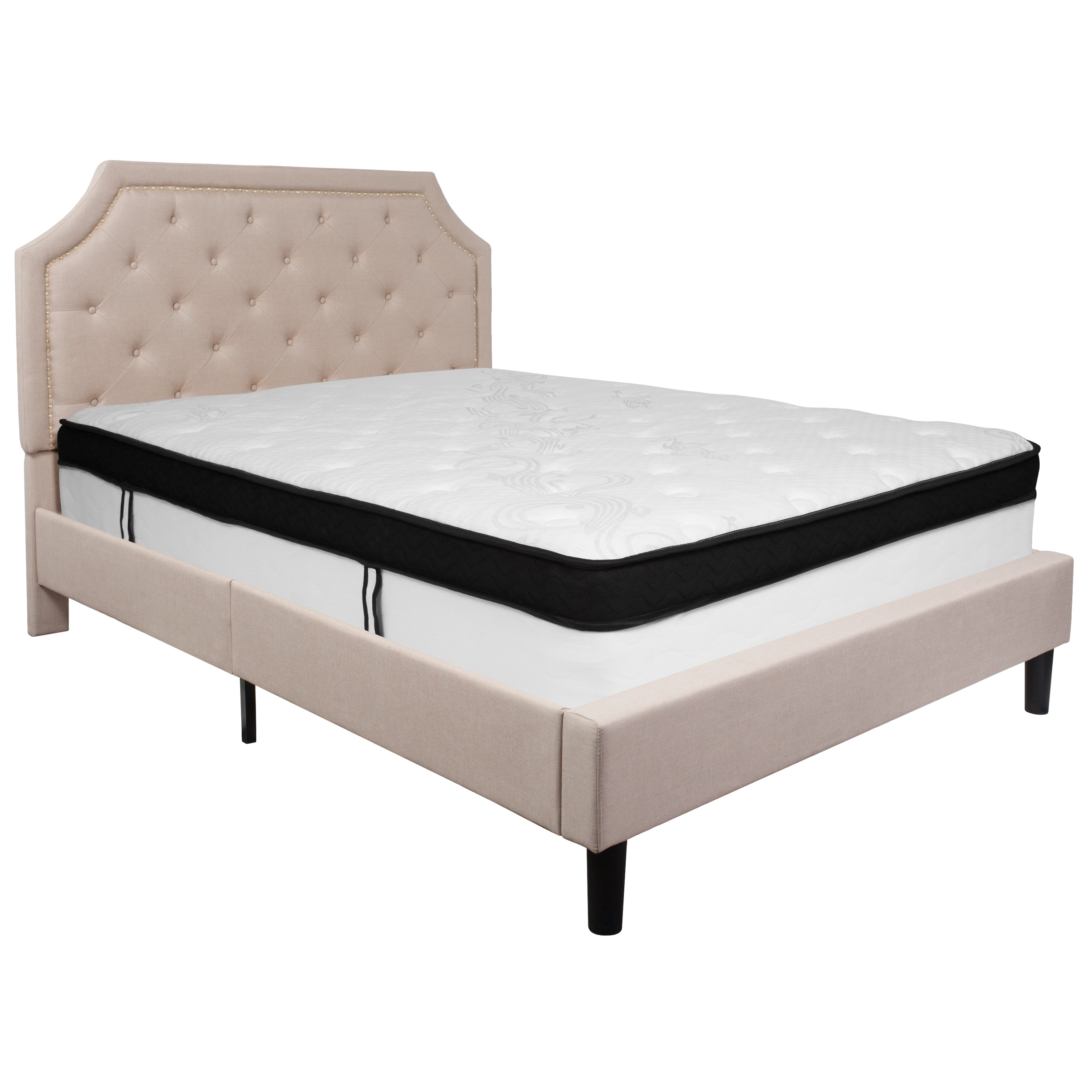 Brighton Queen Size Tufted Upholstered Platform Bed in Beige Fabric with Memory Foam Mattress