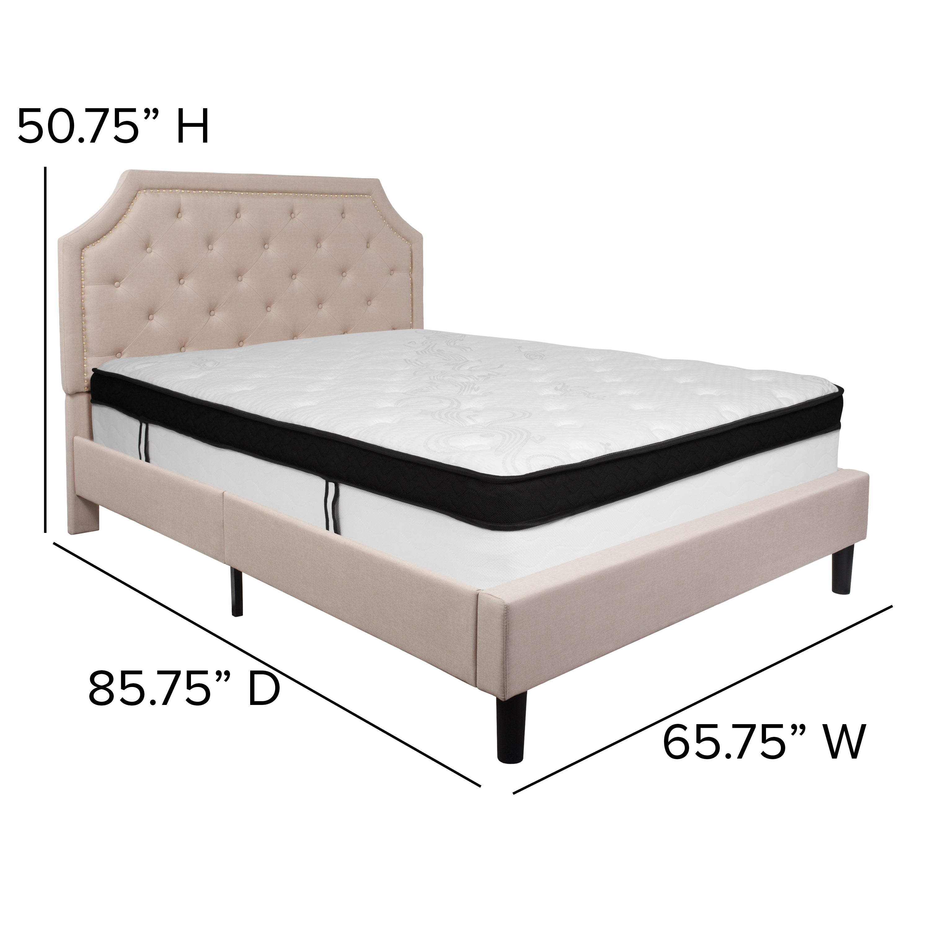 Brighton Queen Size Tufted Upholstered Platform Bed in Beige Fabric with Memory Foam Mattress