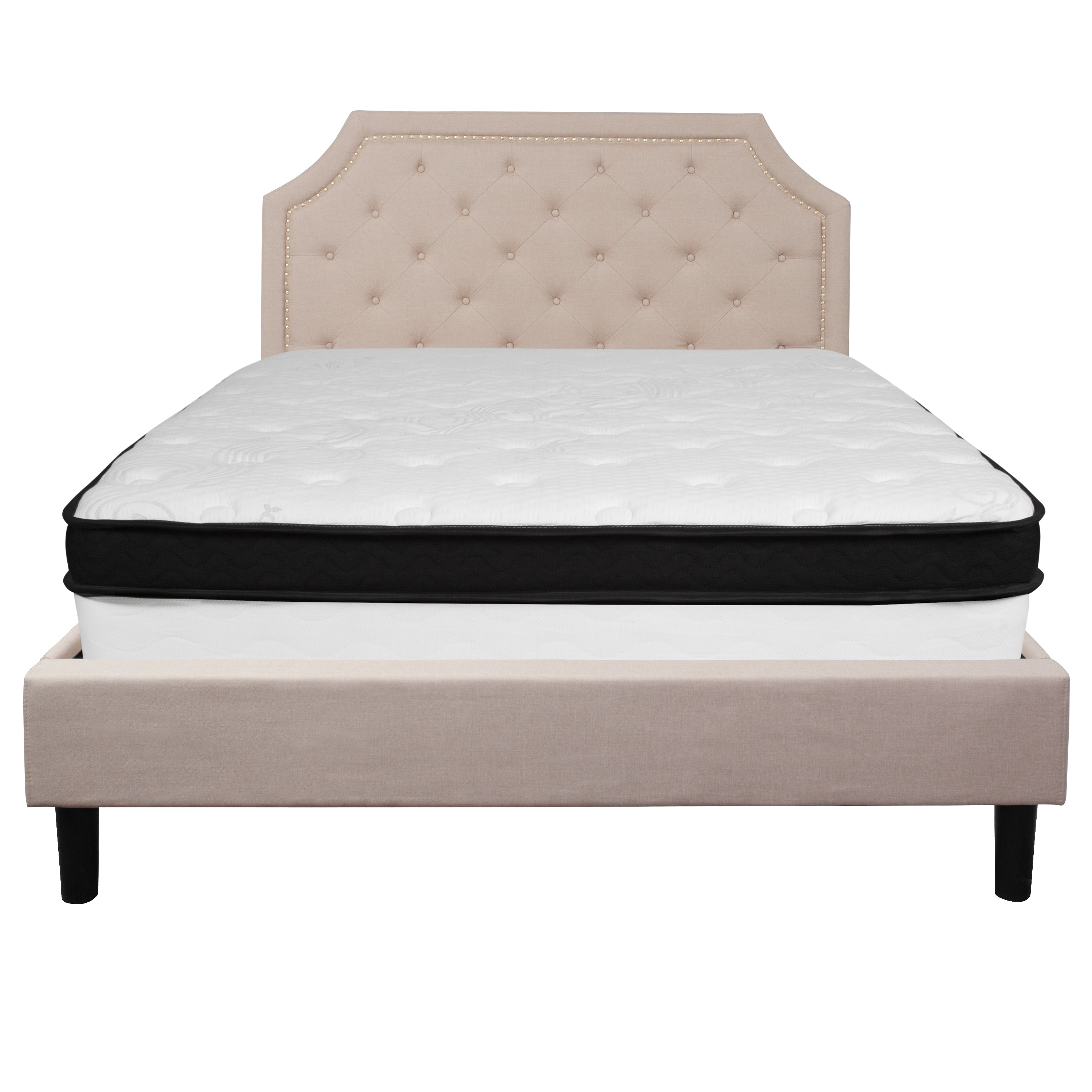 Brighton Queen Size Tufted Upholstered Platform Bed in Beige Fabric with Memory Foam Mattress