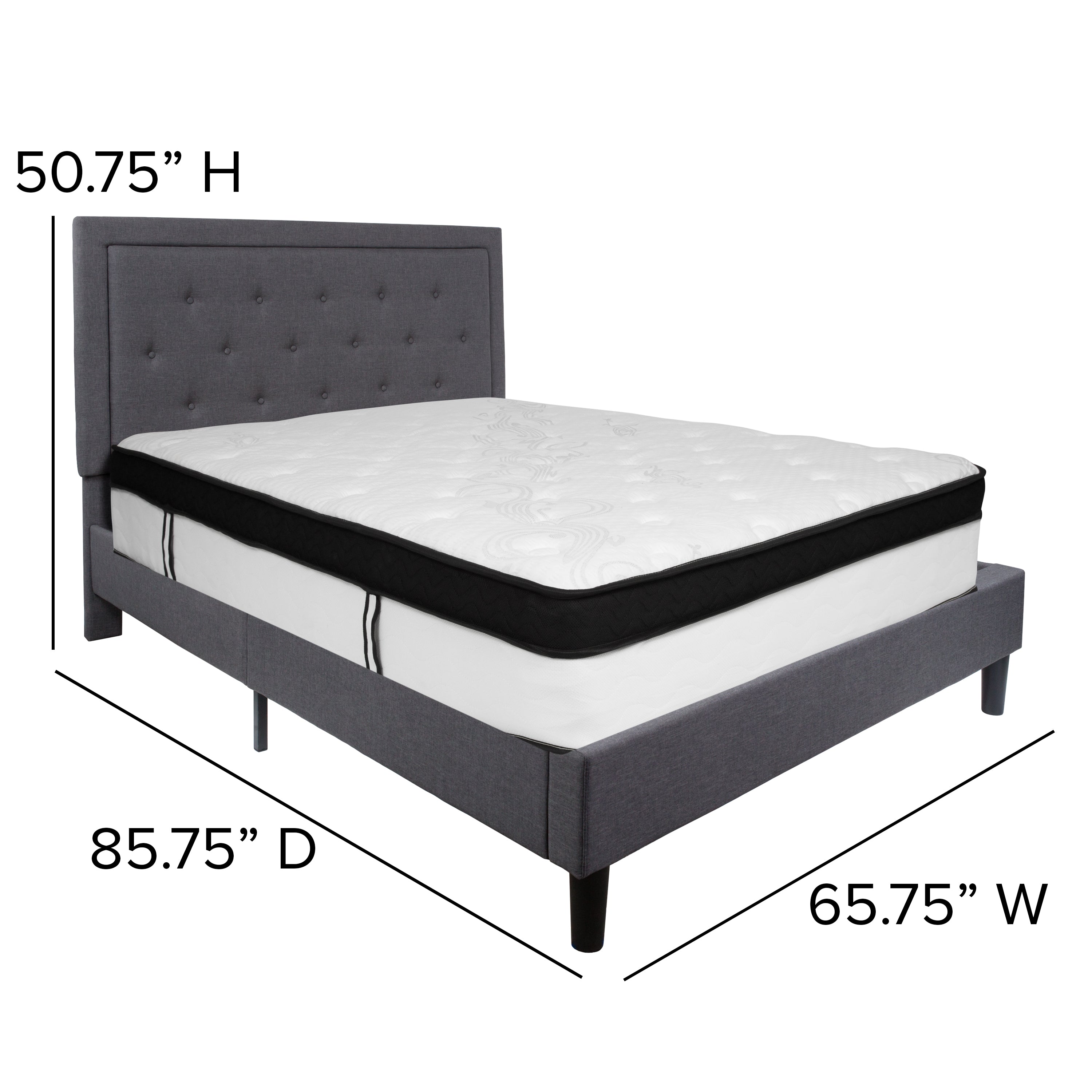 Roxbury Queen Size Tufted Upholstered Platform Bed in Dark Gray Fabric with Memory Foam Mattress