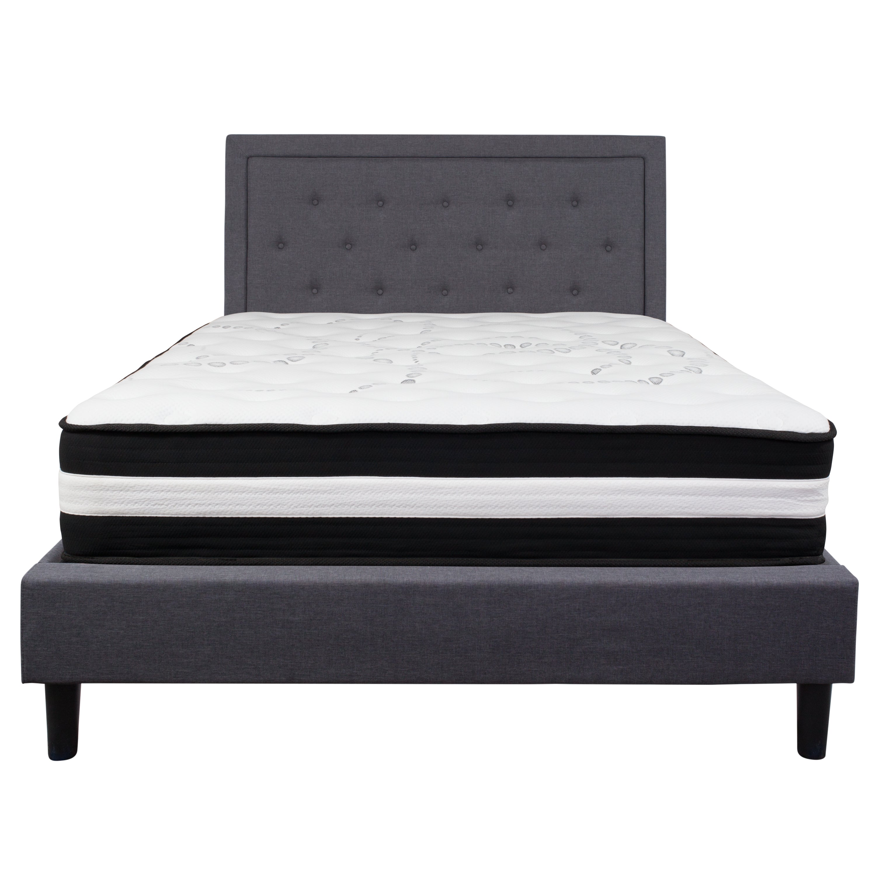 Roxbury Queen Size Tufted Upholstered Platform Bed in Dark Gray Fabric with Memory Foam Mattress