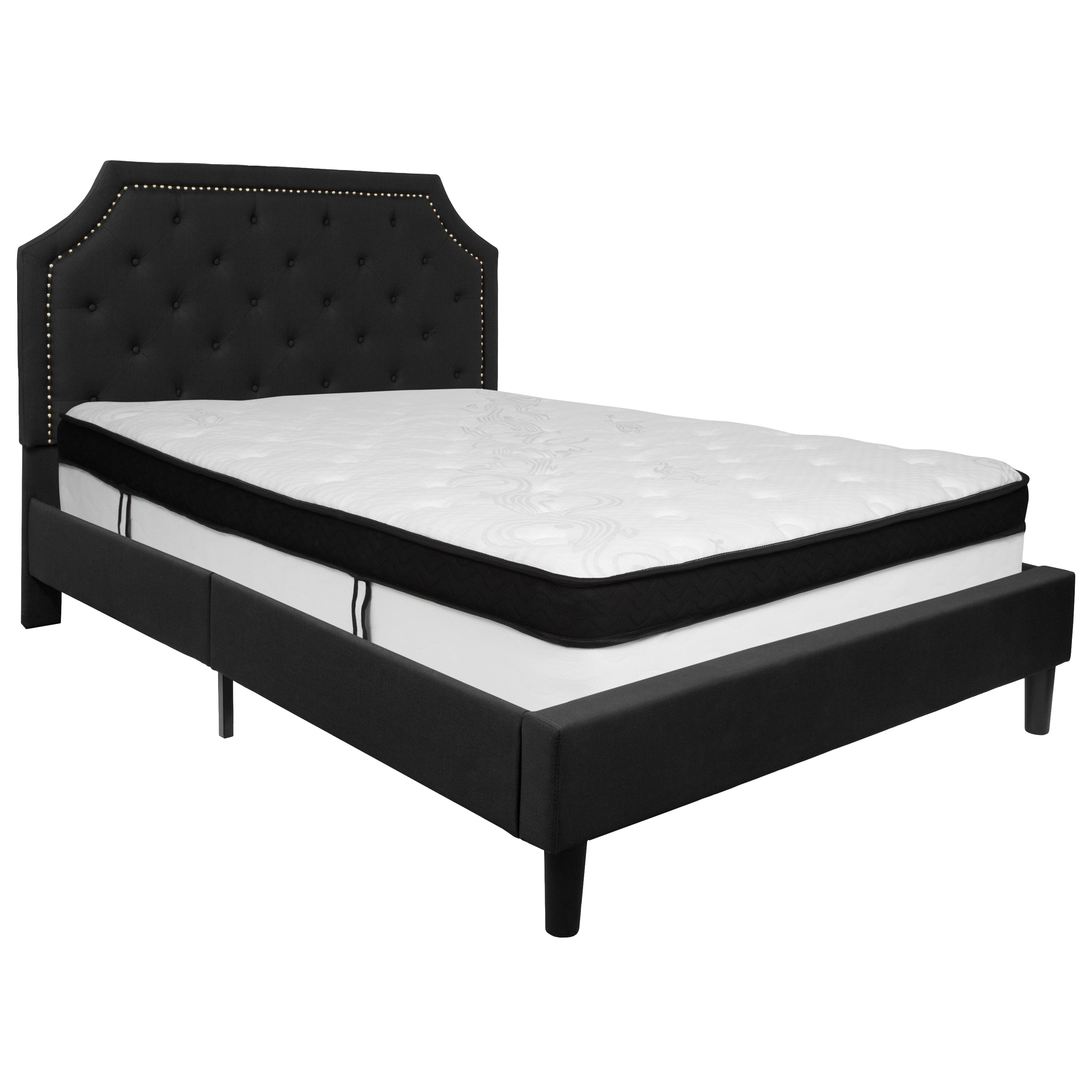 Brighton Queen Size Tufted Upholstered Platform Bed in Black Fabric with Memory Foam Mattress