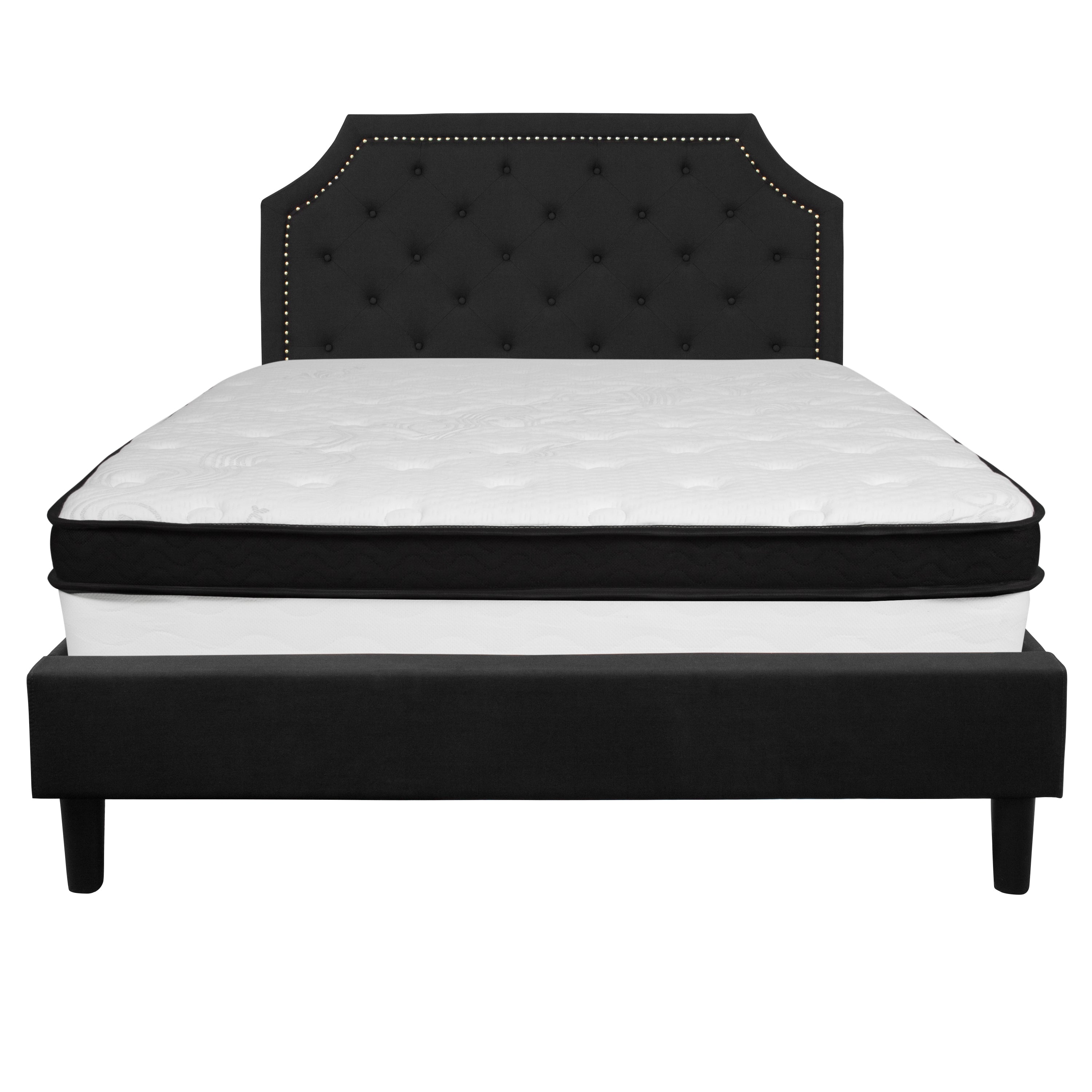 Brighton Queen Size Tufted Upholstered Platform Bed in Black Fabric with Memory Foam Mattress