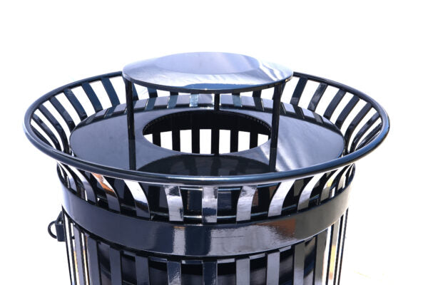 45 Gallon Side Opening Slatted Commercial Pre-Assembled Trash Receptacle with Flat Lid & Liner (Black)