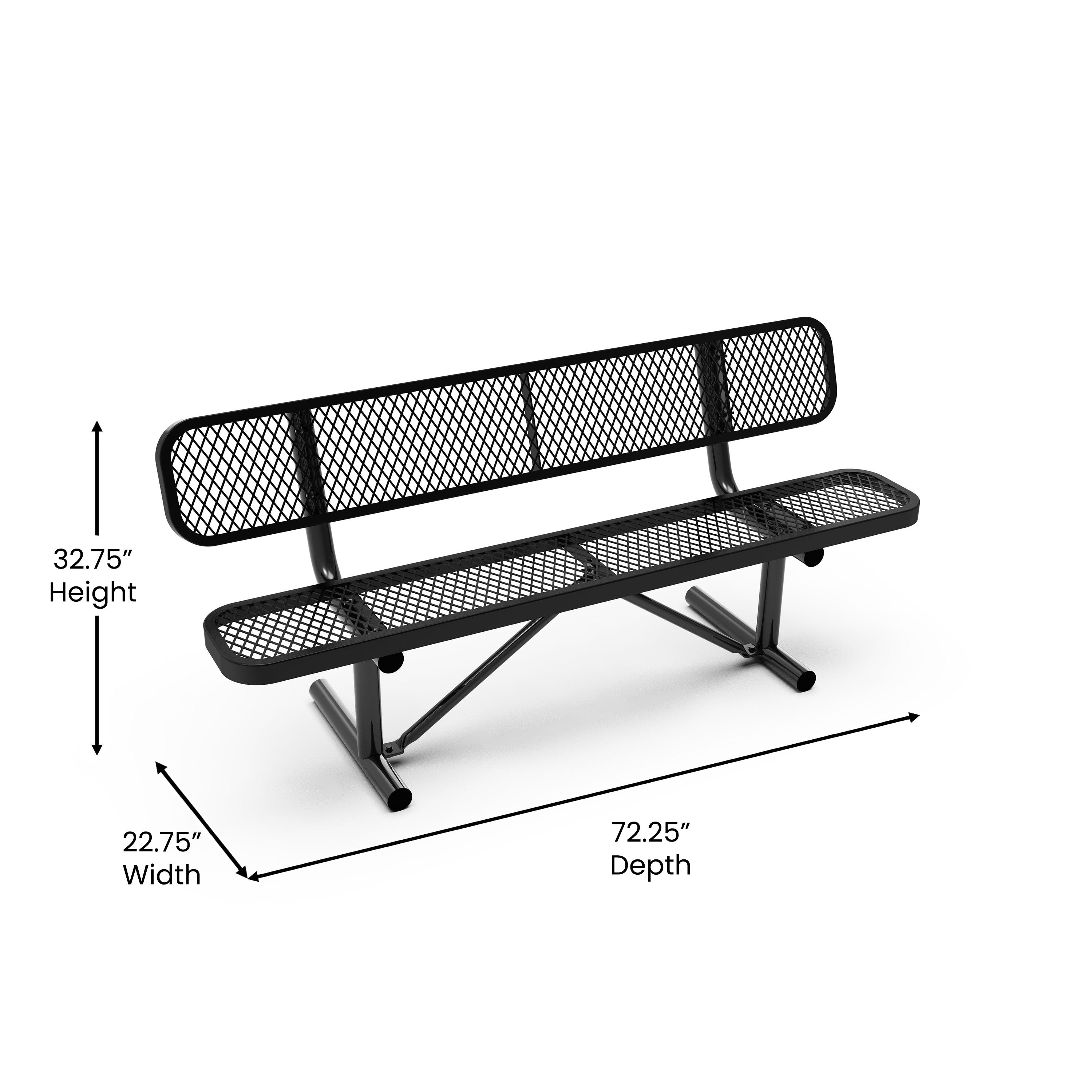 Sigrid 6' Outdoor Bench with Backrest, Commercial Grade Expanded Metal Mesh Seat and Backrest and Steel Frame in Black