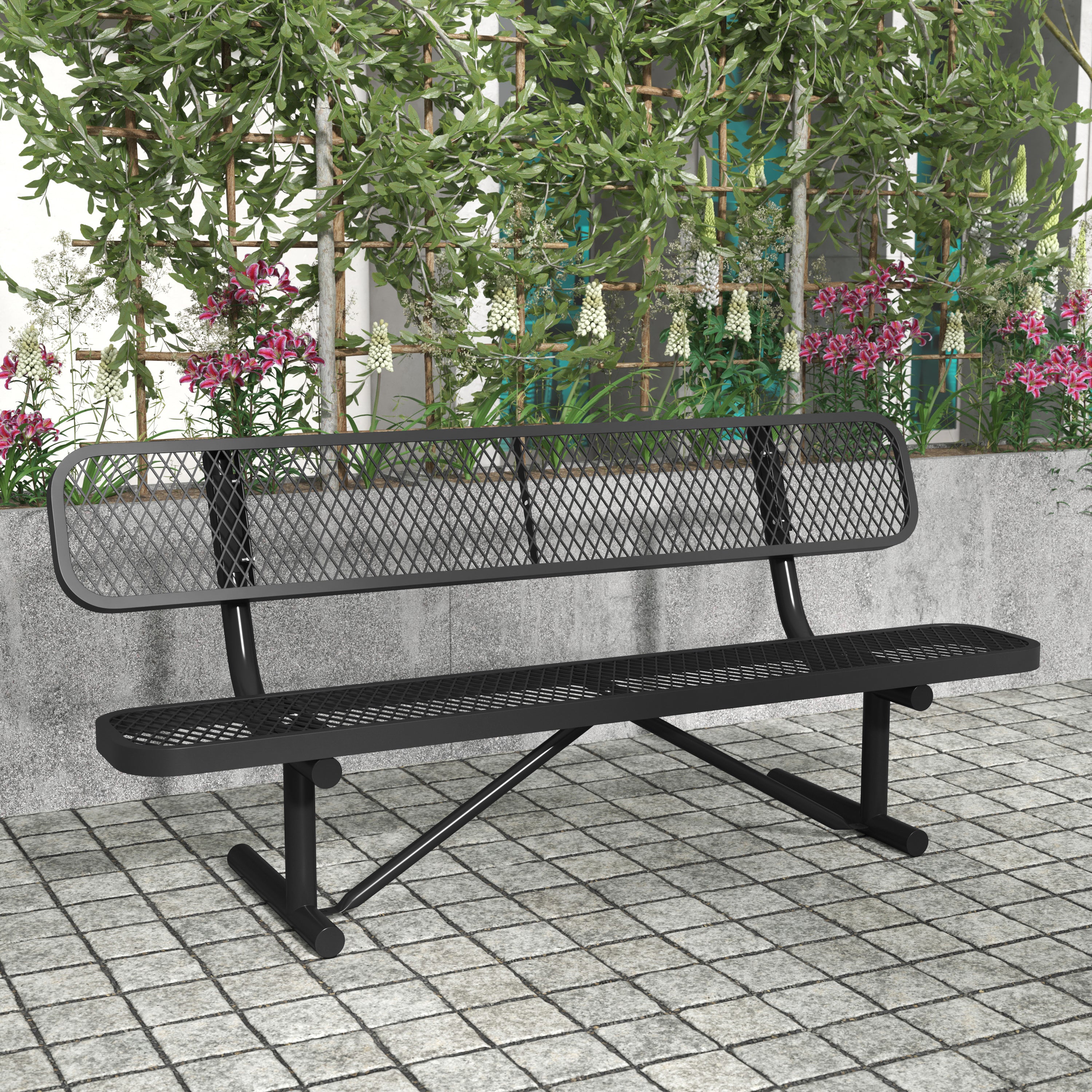 Sigrid 6' Outdoor Bench with Backrest, Commercial Grade Expanded Metal Mesh Seat and Backrest and Steel Frame in Black